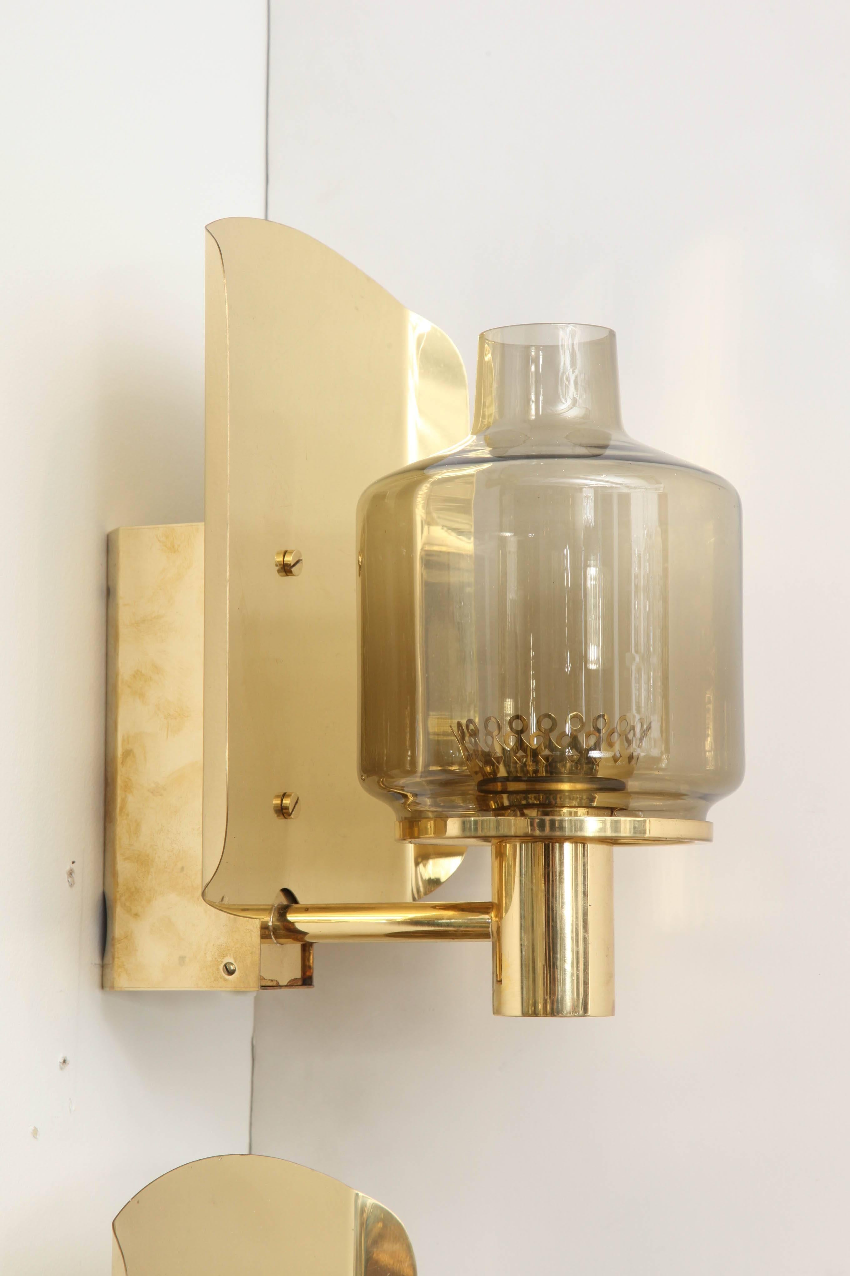 Pair of Brass and Smoked Glass Sconces by Hans-Agne Jakobsson 1