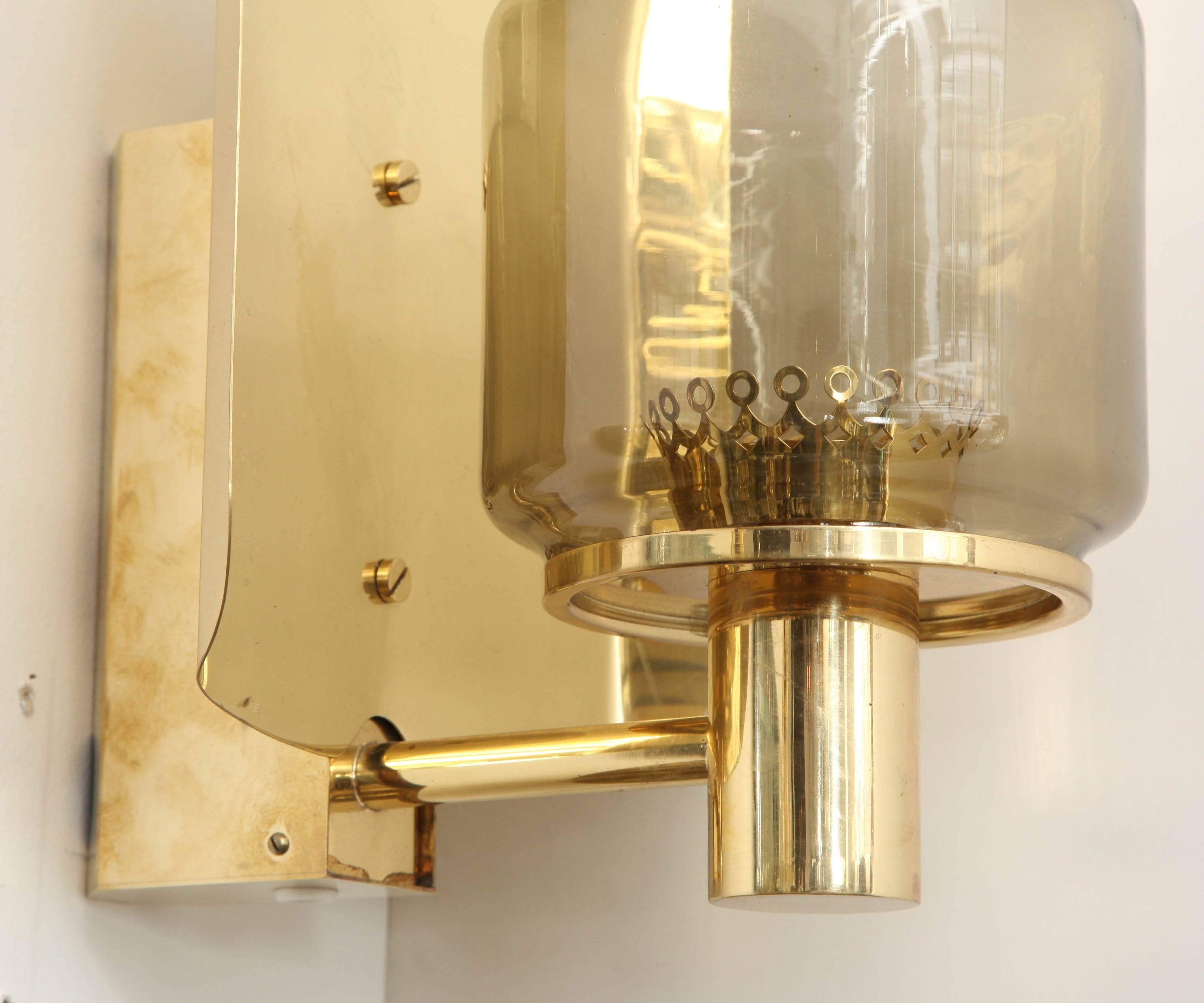 Pair of Brass and Smoked Glass Sconces by Hans-Agne Jakobsson 2