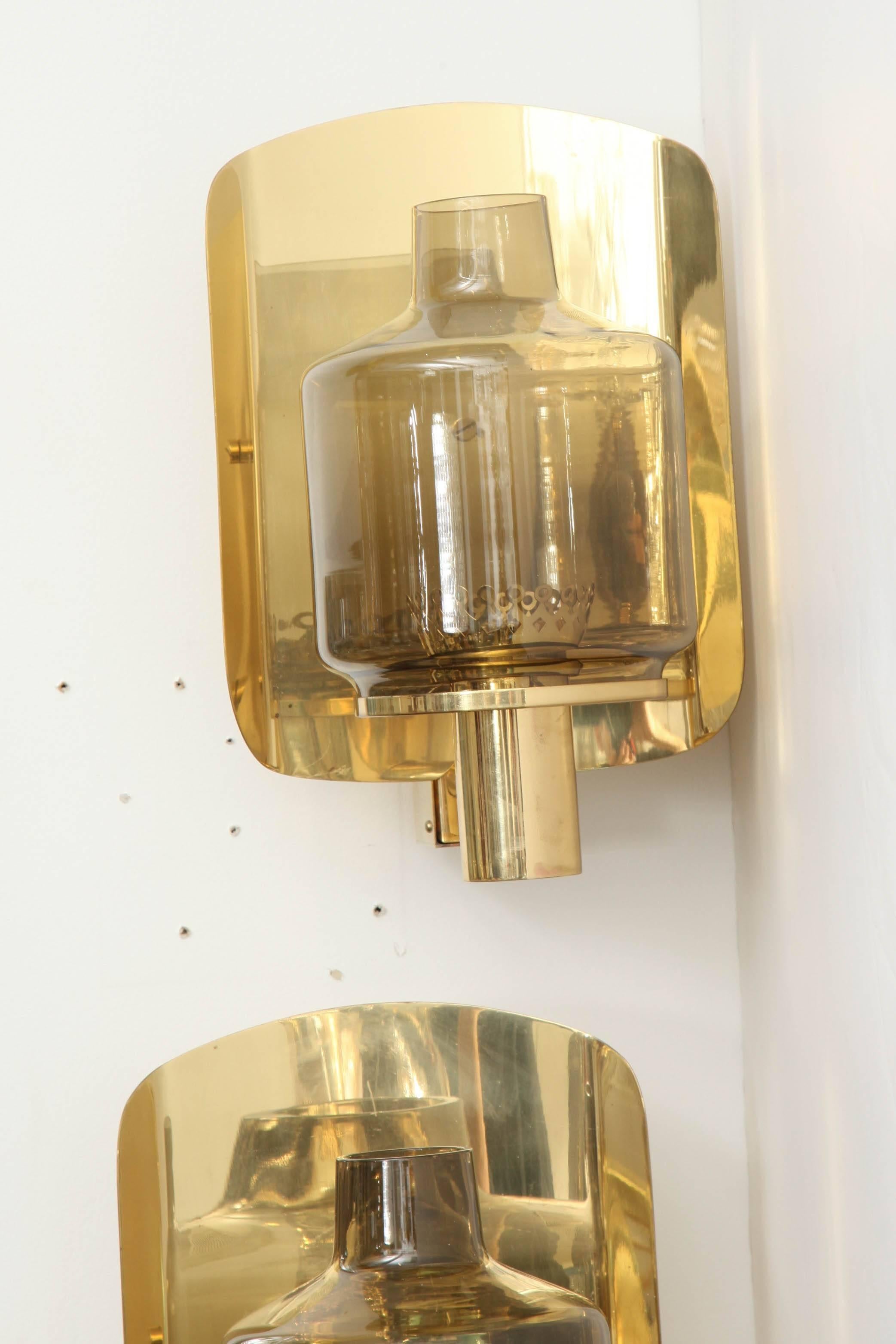 Pair of Brass and Smoked Glass Sconces by Hans-Agne Jakobsson 3