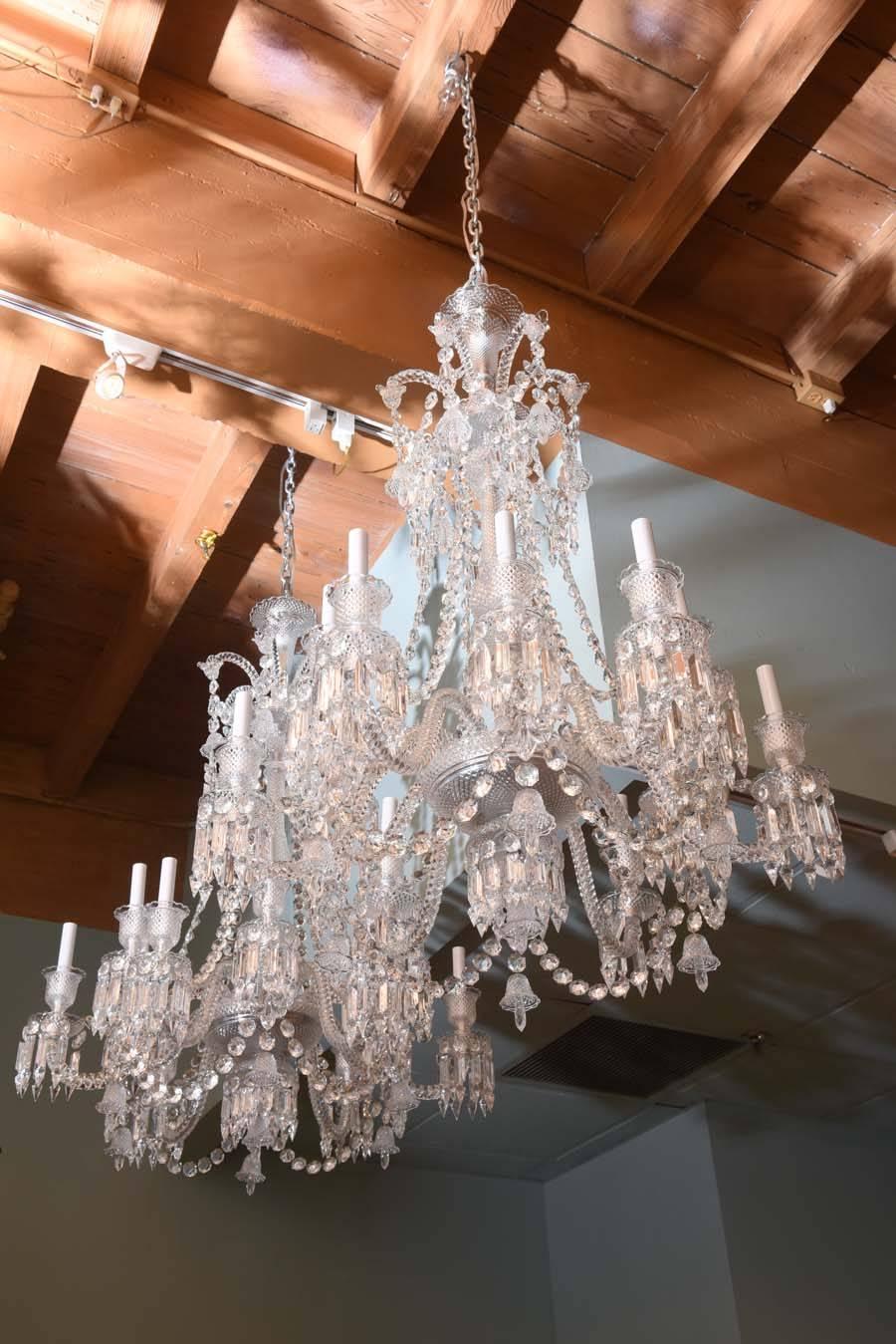 Pair of Baccarat Glass Twelve-Arm Chandeliers, Signed Baccarat 1