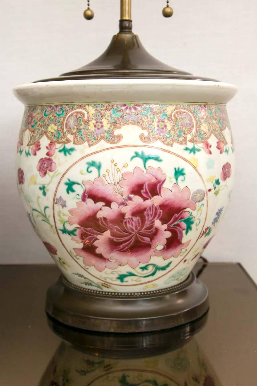 Ceramic Pair of Early 20th Century Chinese Export Peony Design Table Lamps
