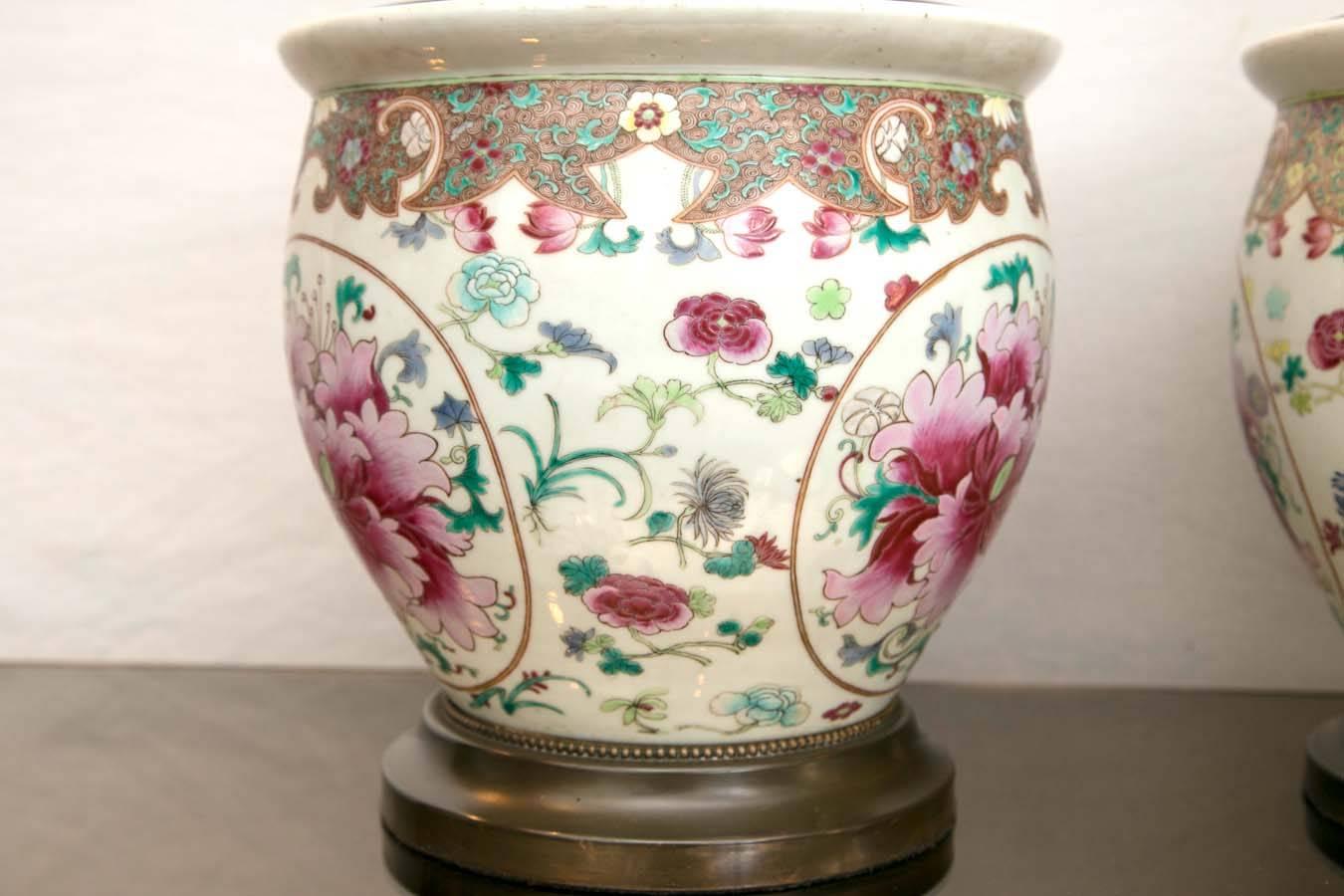 Pair of Early 20th Century Chinese Export Peony Design Table Lamps 2