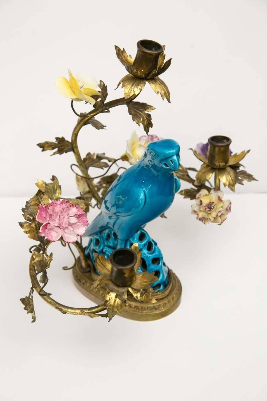 Rococo Pair of French Porcelain Flower and Chinese Parrot Candelabra
