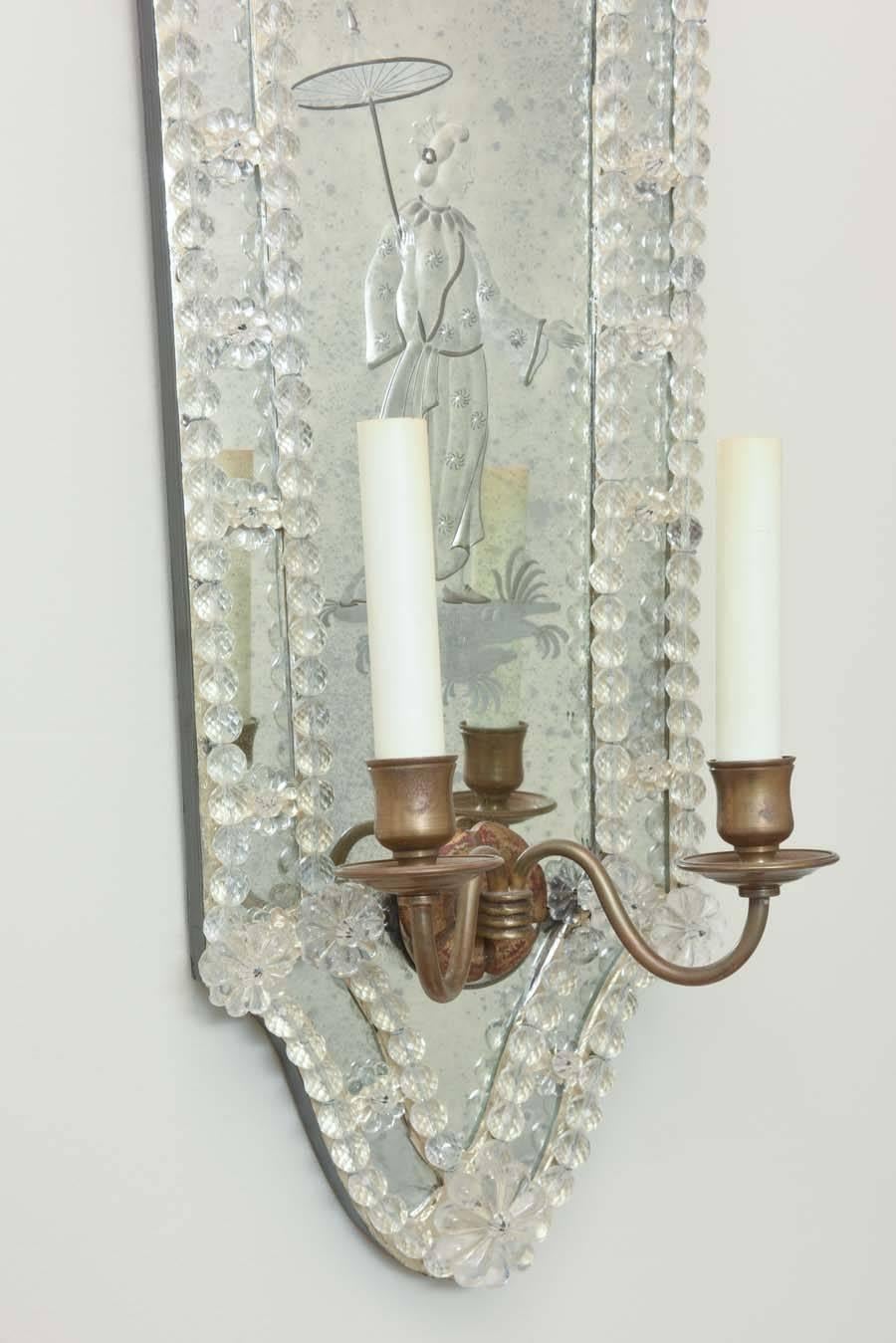 Italian Opposing Pair of Etched Venetian Mirrored Sconces, circa 1940s           