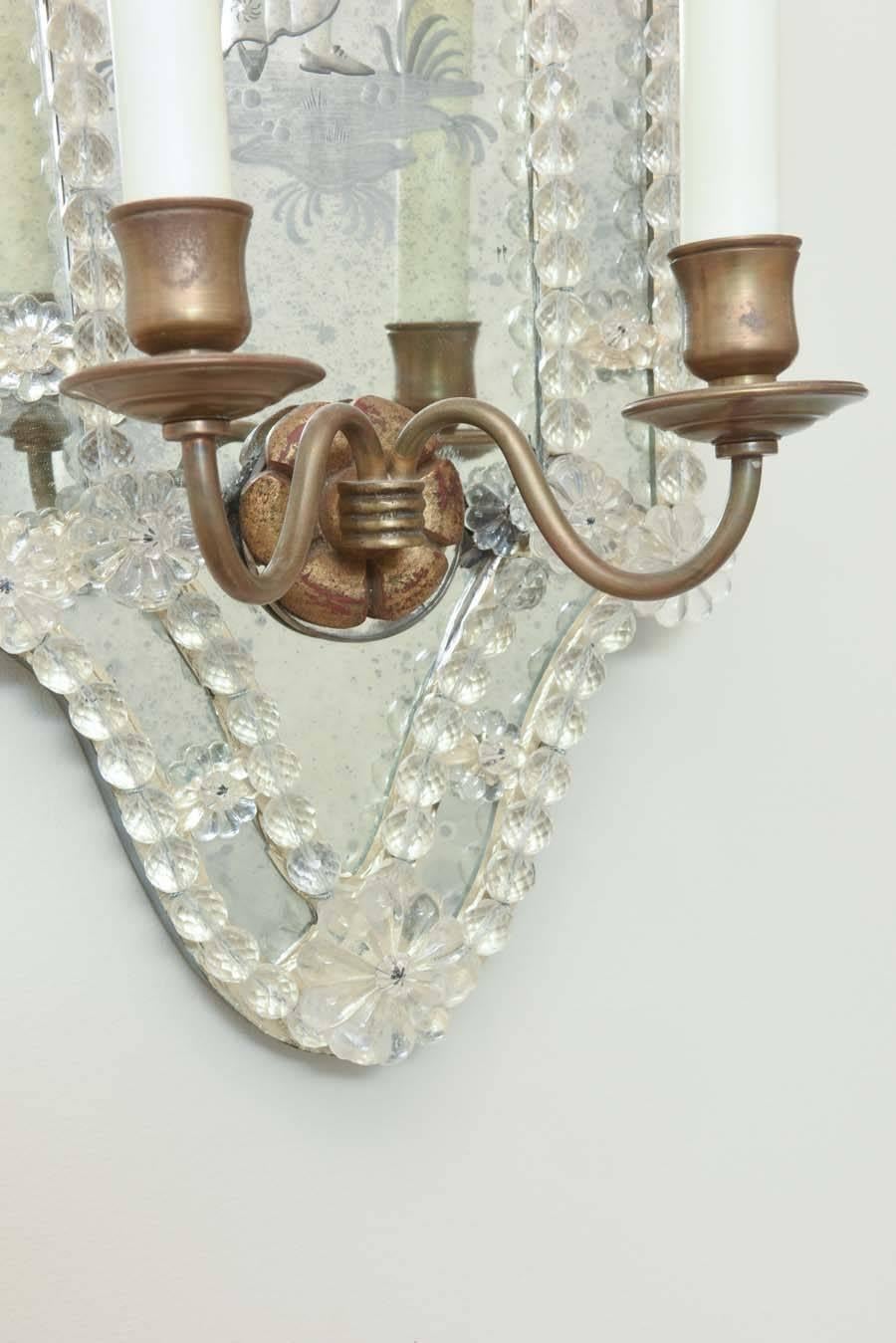 Glass Opposing Pair of Etched Venetian Mirrored Sconces, circa 1940s           