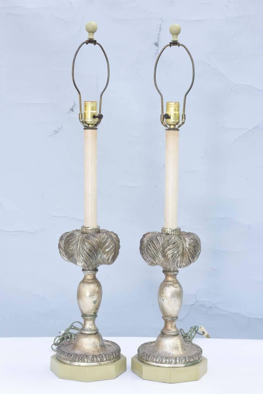 Italian Pair of Carved Silvergilt Plume-Form Lamps