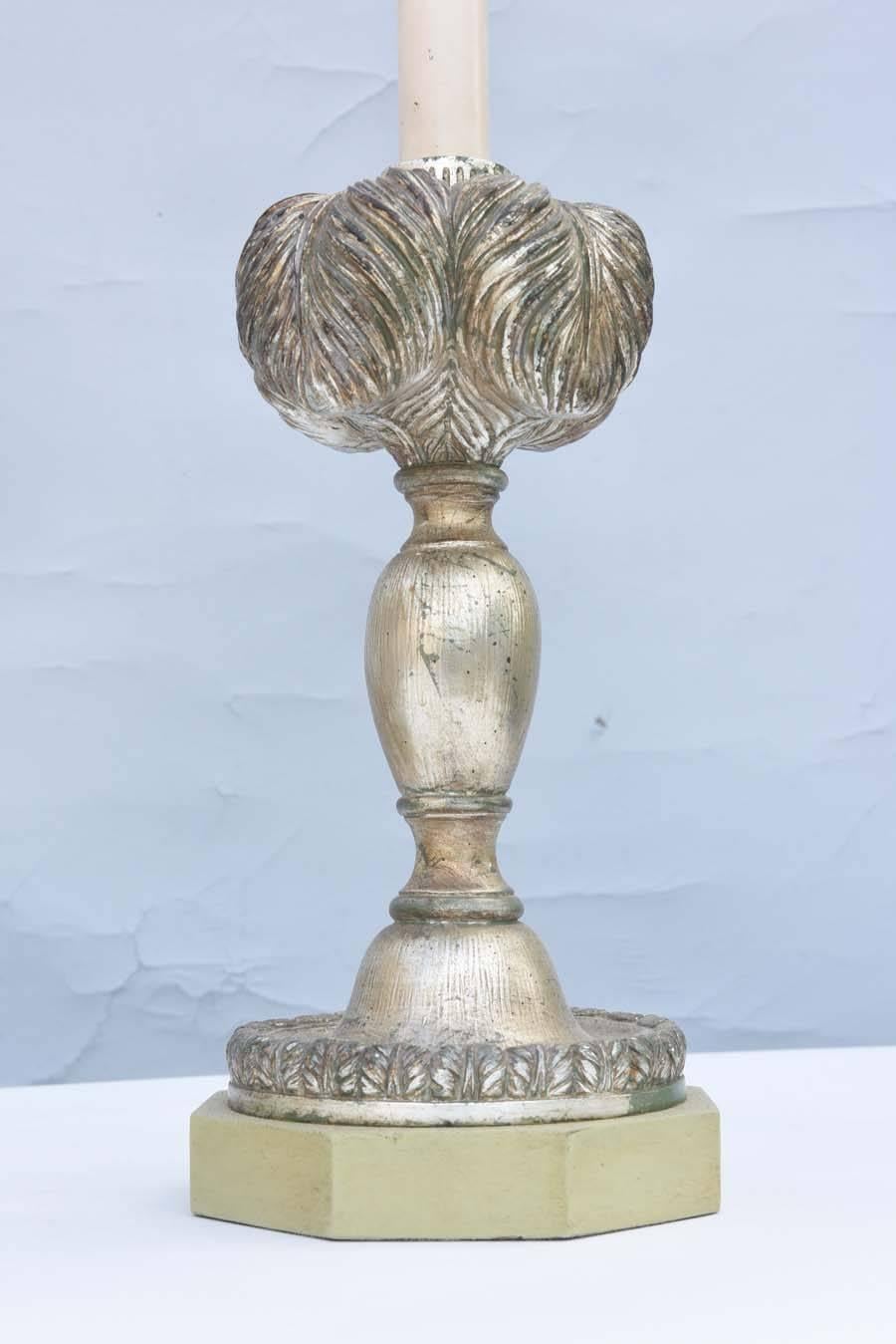 Gilt Pair of Carved Silvergilt Plume-Form Lamps
