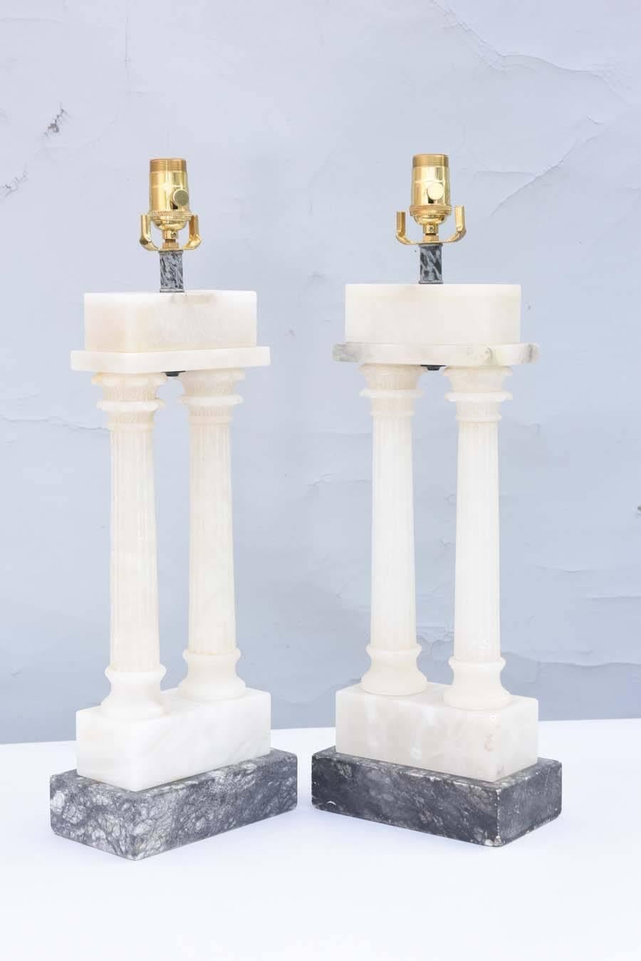 Carved Pair of Alabaster Dual Column Lamps