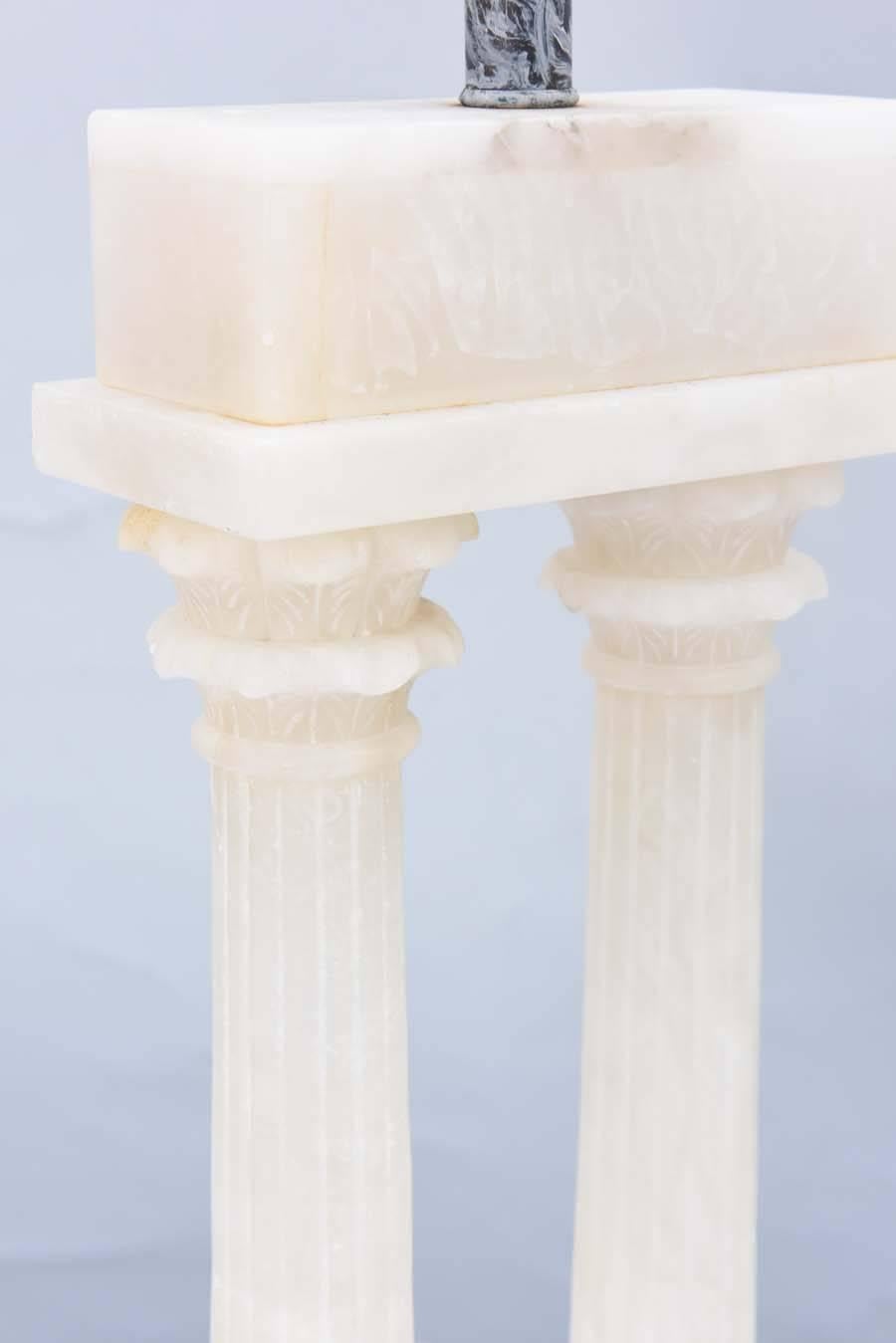 Pair of Alabaster Dual Column Lamps In Excellent Condition In West Palm Beach, FL