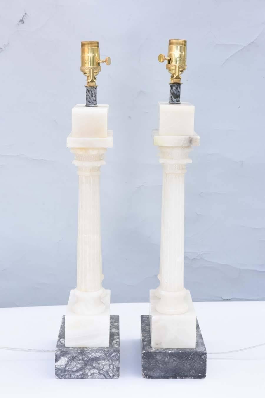 20th Century Pair of Alabaster Dual Column Lamps