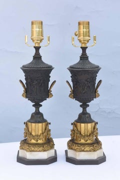 Fine Pair of Patinated and Dore Bronze Urn-form Lamps