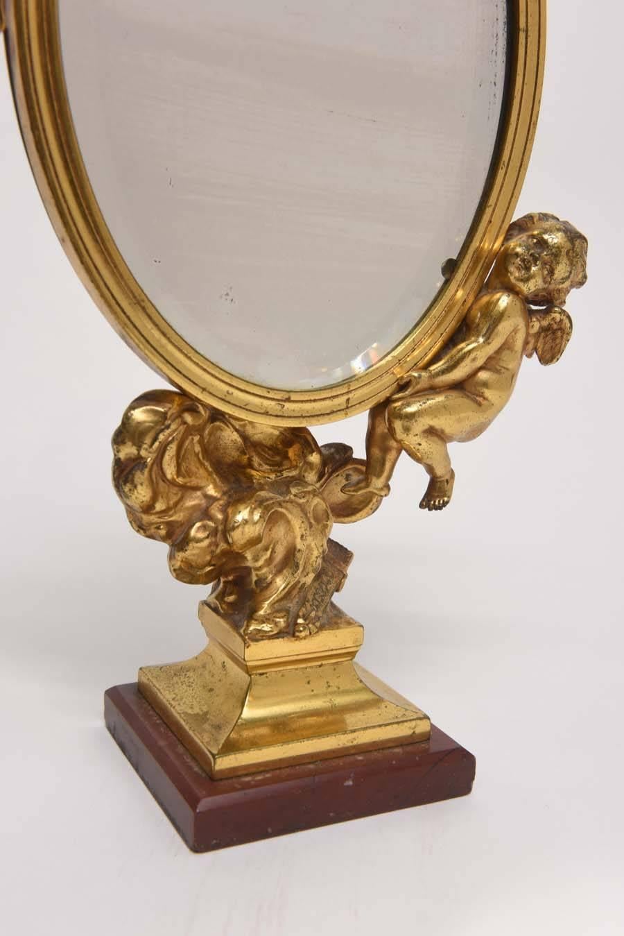 French 19th Century Dore Bronze Cupid Vanity Mirror