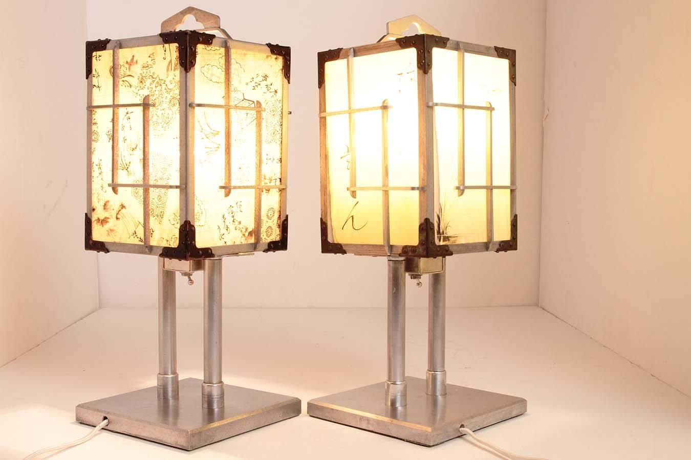 Aluminum Machine Age Art Deco Japanese CPO Lamps by K.K. Yoshida Seisakusho, Silk Shades For Sale