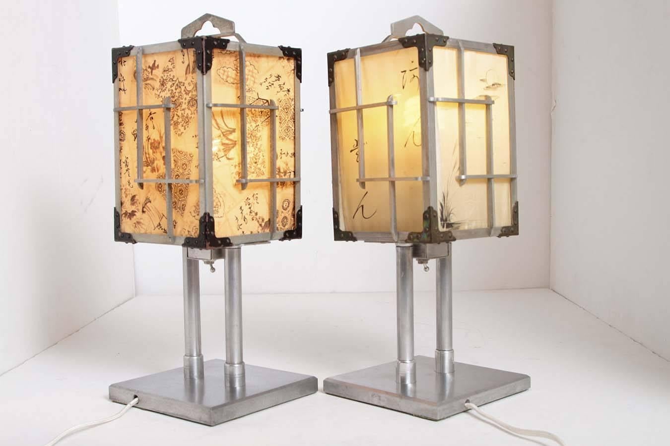 Machine Age Art Deco Japanese CPO Lamps by K.K. Yoshida Seisakusho, Silk Shades For Sale 1