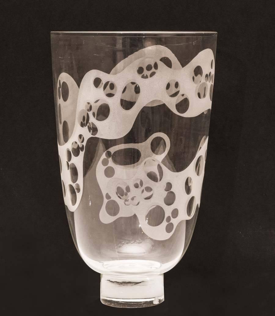 This 1950s S.A.L.I.R. vase is in transperent blown glass with engraved surface. Solid foot in colorless glass. H. cm 36 D. cm 22. Designed by Vinicio Vianello.