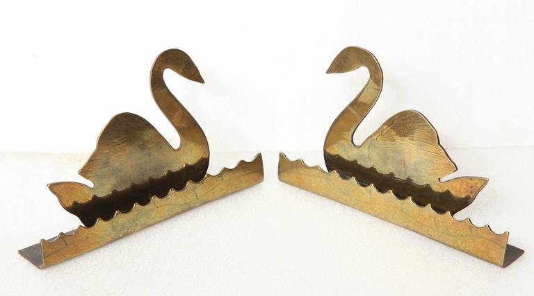Victorian Pair of Brass Swan Bookends For Sale