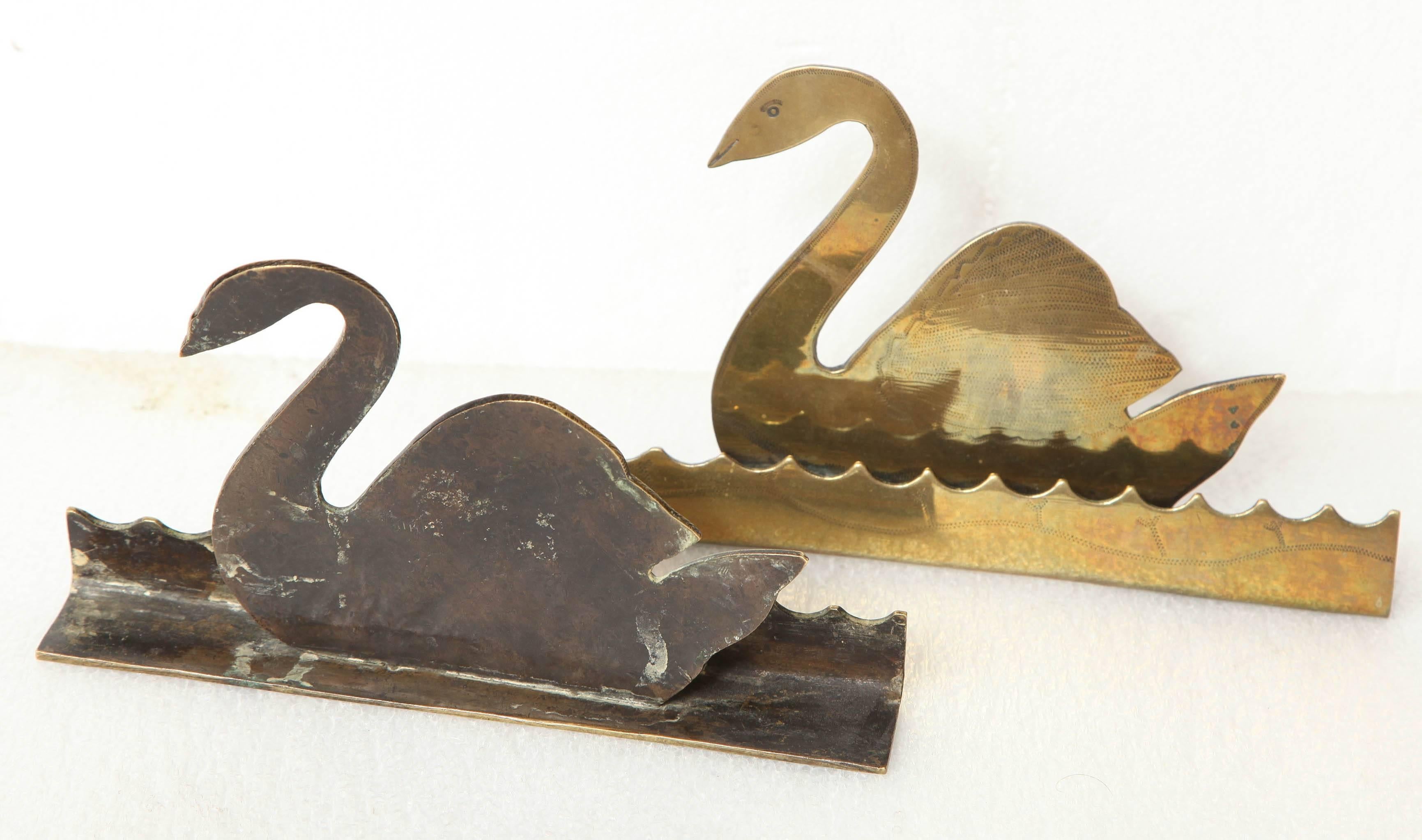 British Pair of Brass Swan Bookends For Sale