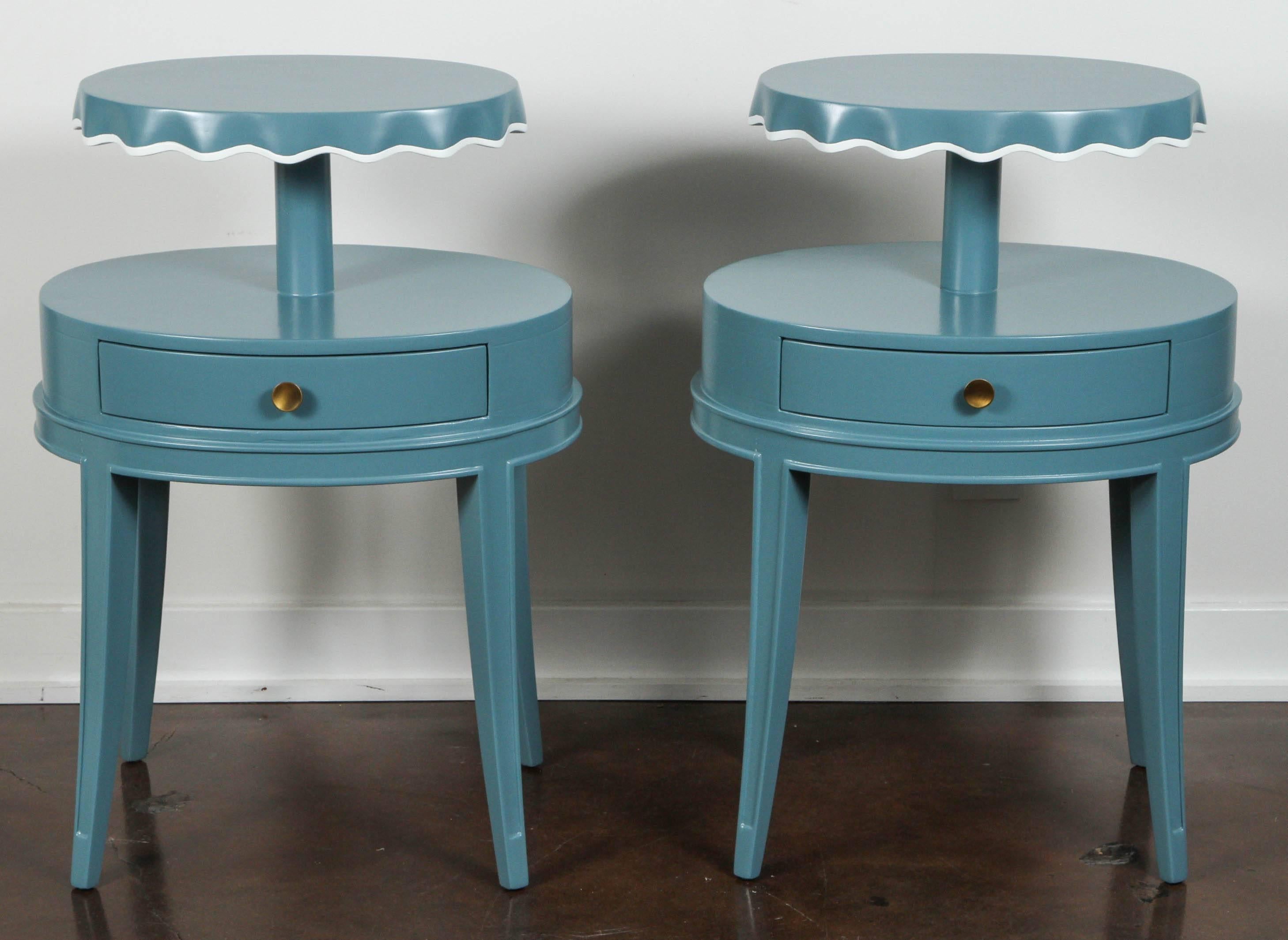 Pair of whimsical painted nightstands, designed by Lorin Jackson for Grosfeld House, circa 1940.

Recently restored, brass drawer pulls, wonderful condition.