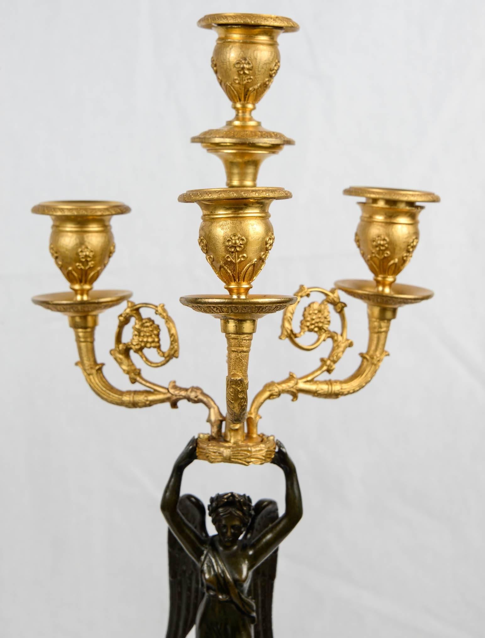Louis XVI Pair of Gilded and Patined Candelabras in Bronze, France, 1870 For Sale