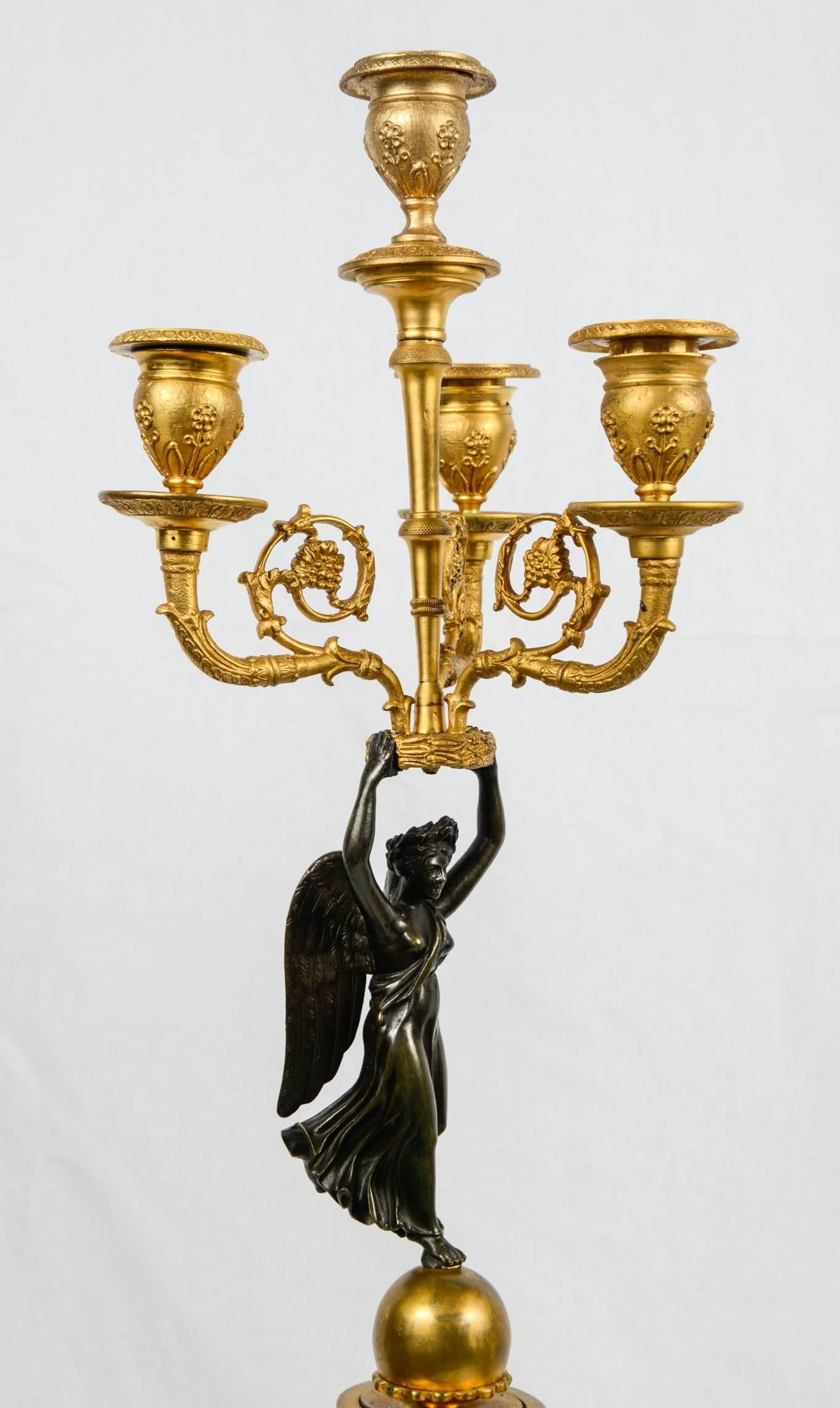 Late 19th Century Pair of Gilded and Patined Candelabras in Bronze, France, 1870 For Sale