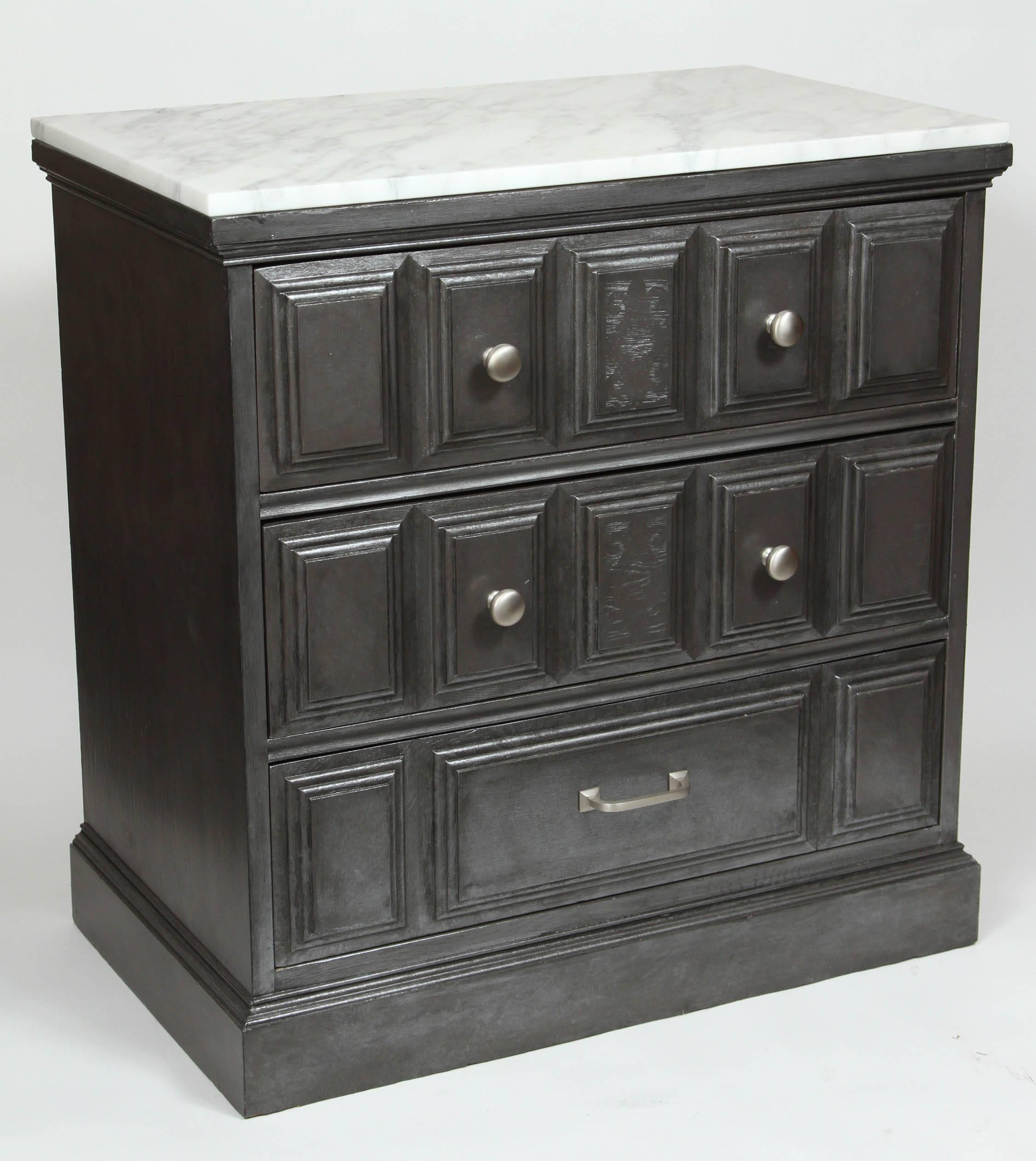 1970s nightstand with new custom painted finish in pewter, new pulls, and new Carrara honeymoon marble top.