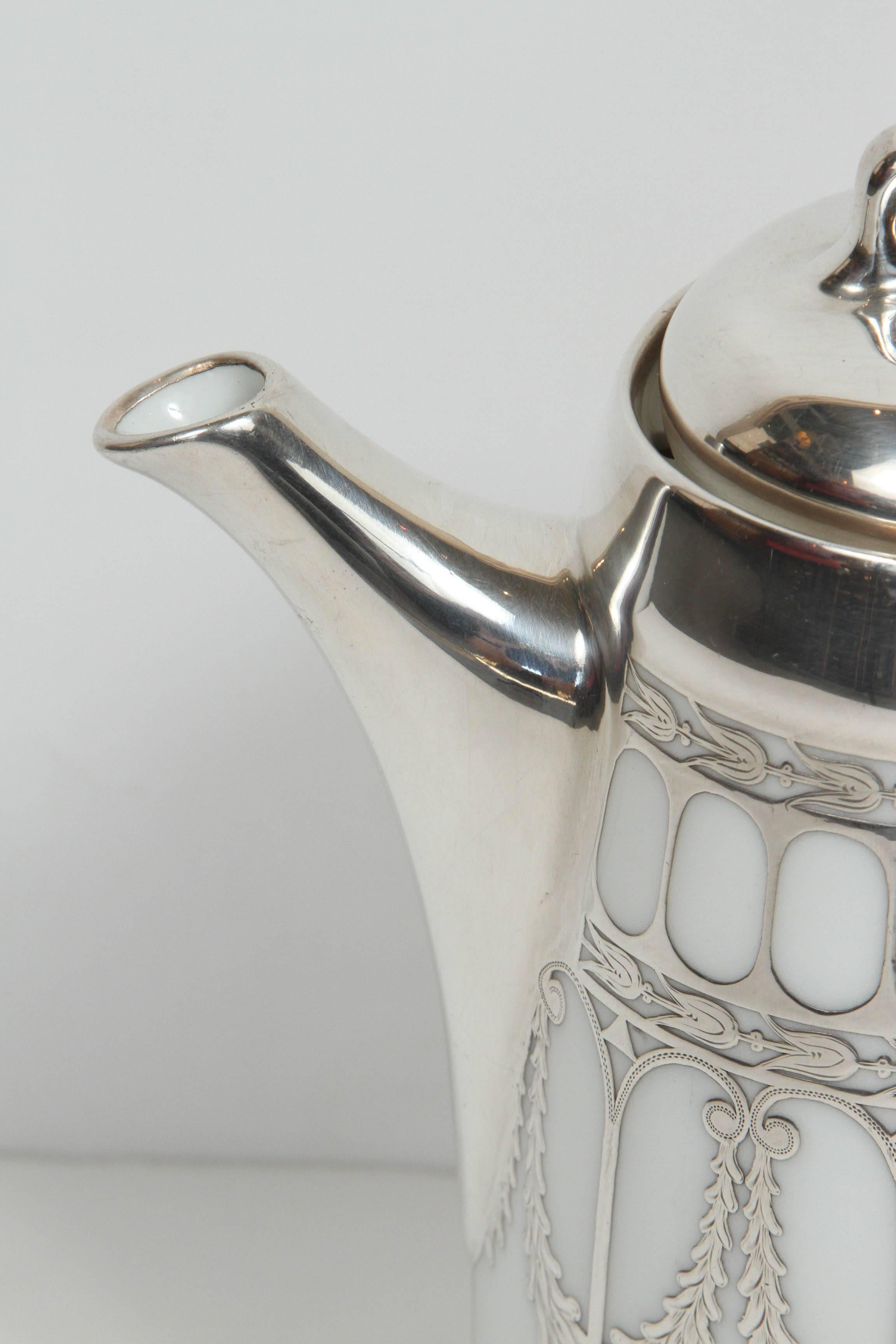 Early 20th Century Vintage Porcelain and Sterling Silver Coffee Pot