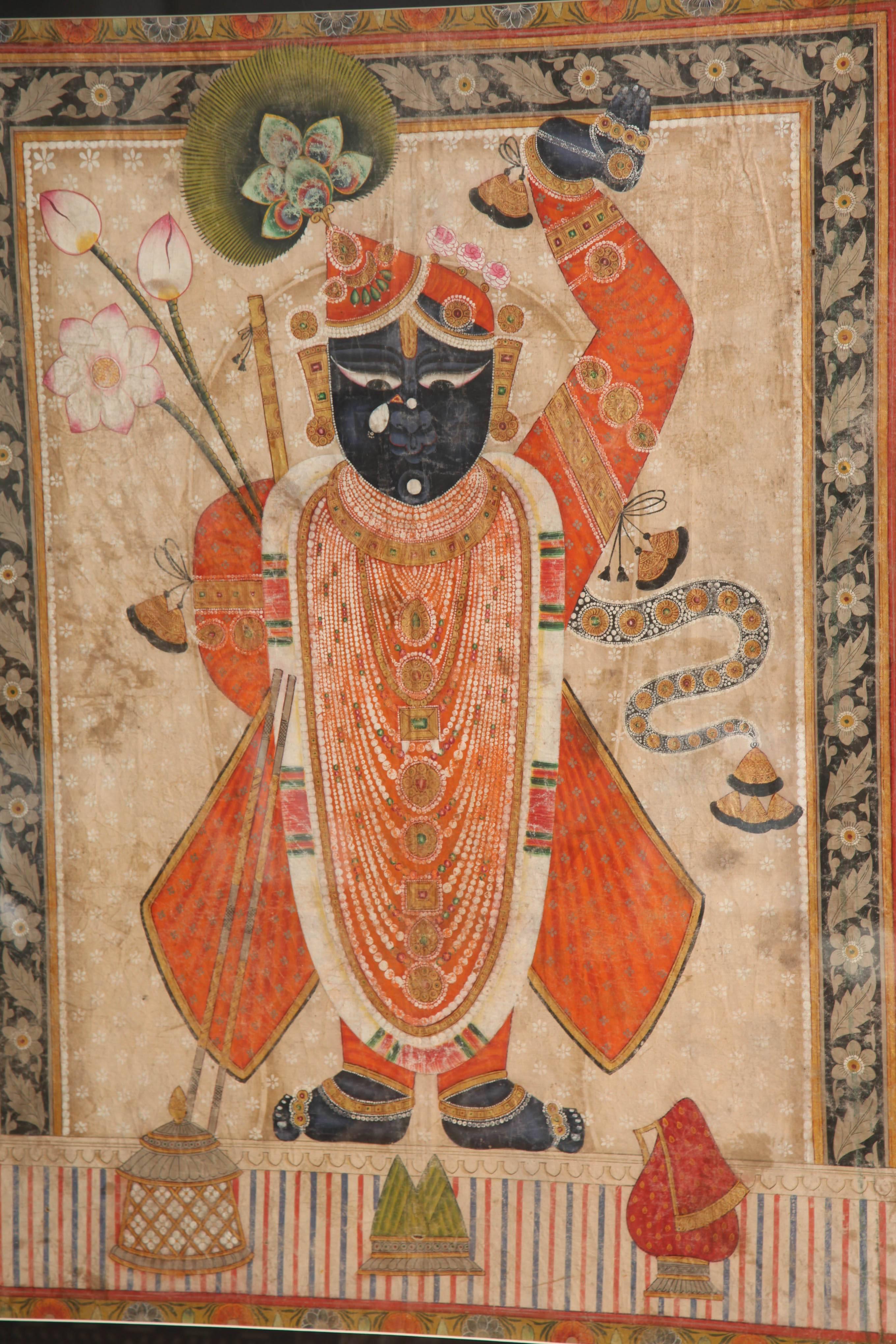A framed Krishna wall hanging from the Krishna Temple in Rajasthan, 90-100 years old.