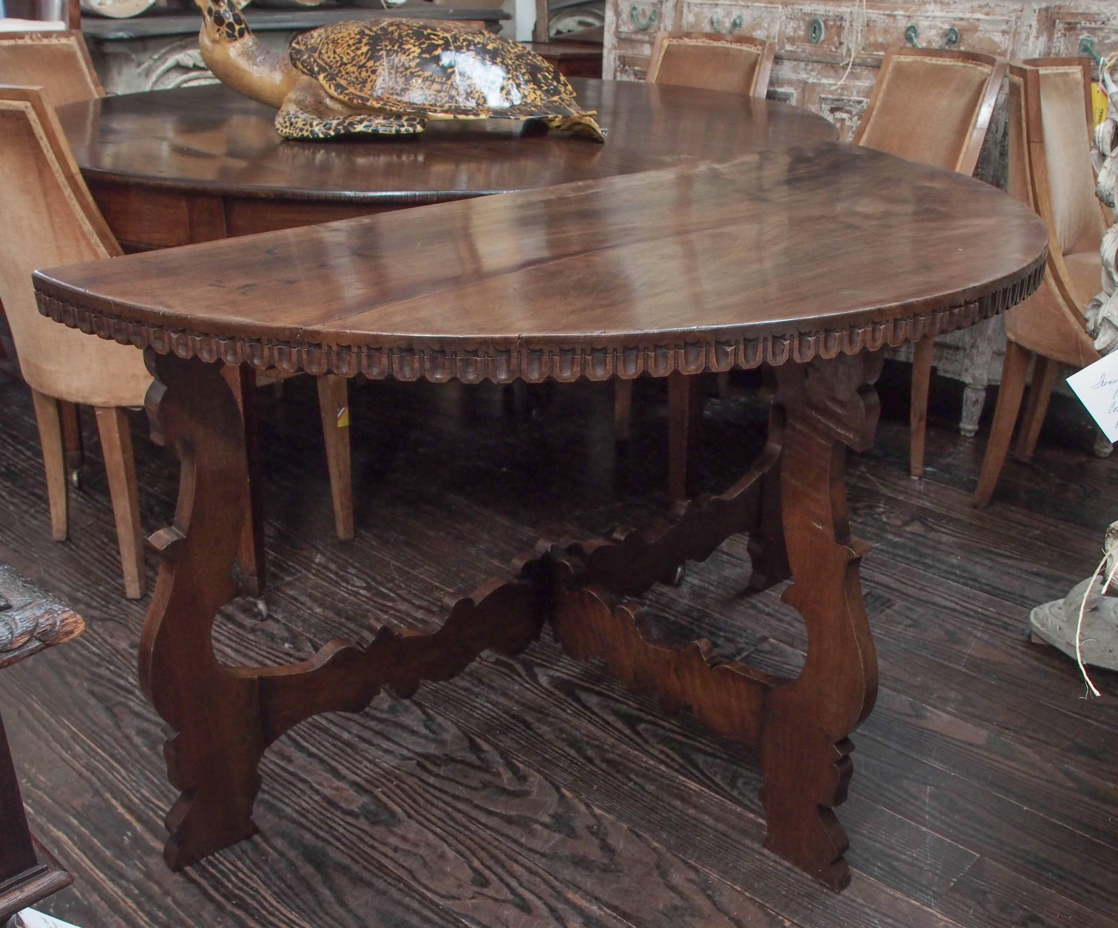 European Pair of Walnut Demilune Console Tables, Italian, 18th Century For Sale