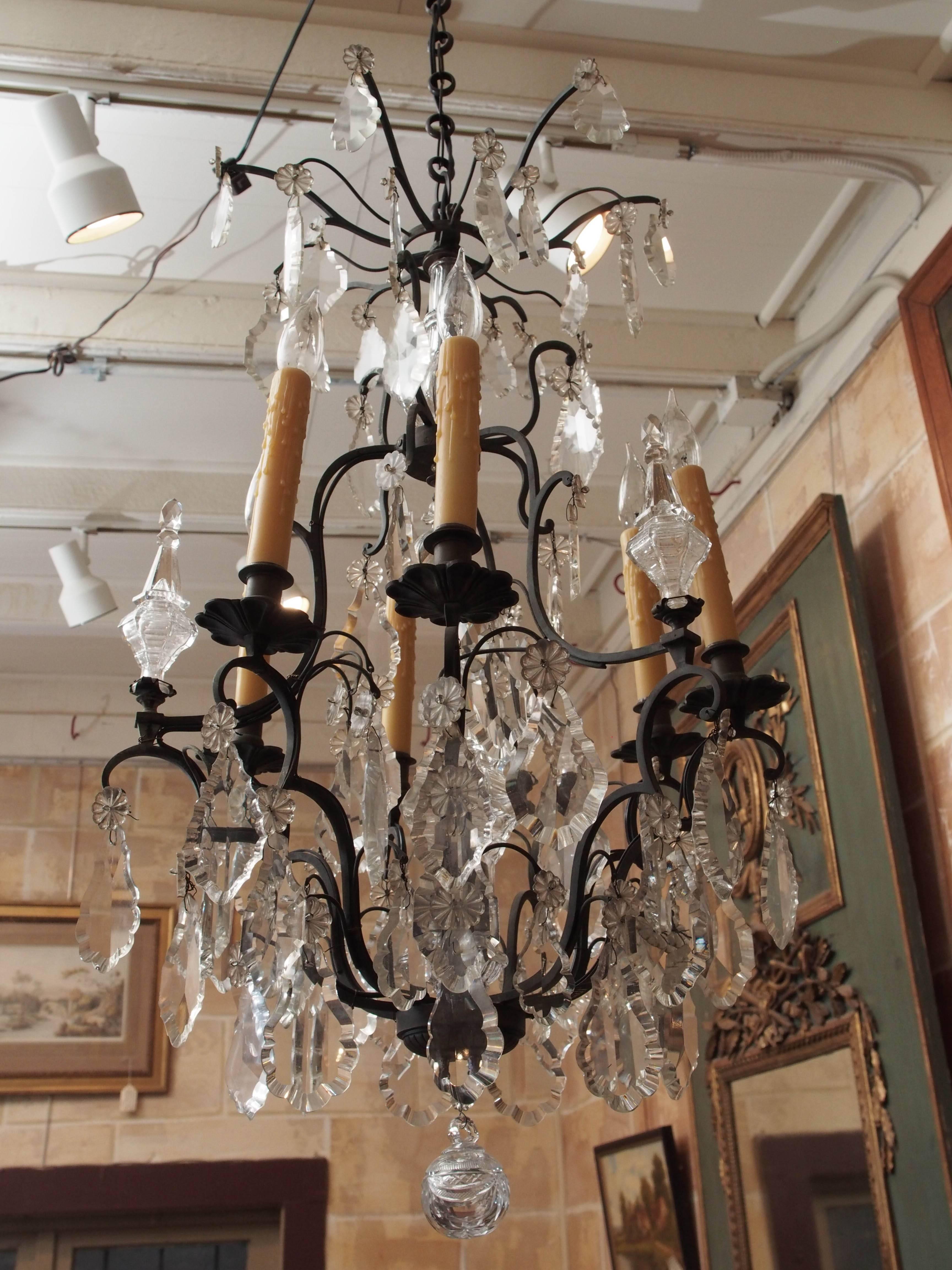 19th Century French Louis XV Style Crystal and Iron Chandelier For Sale 4