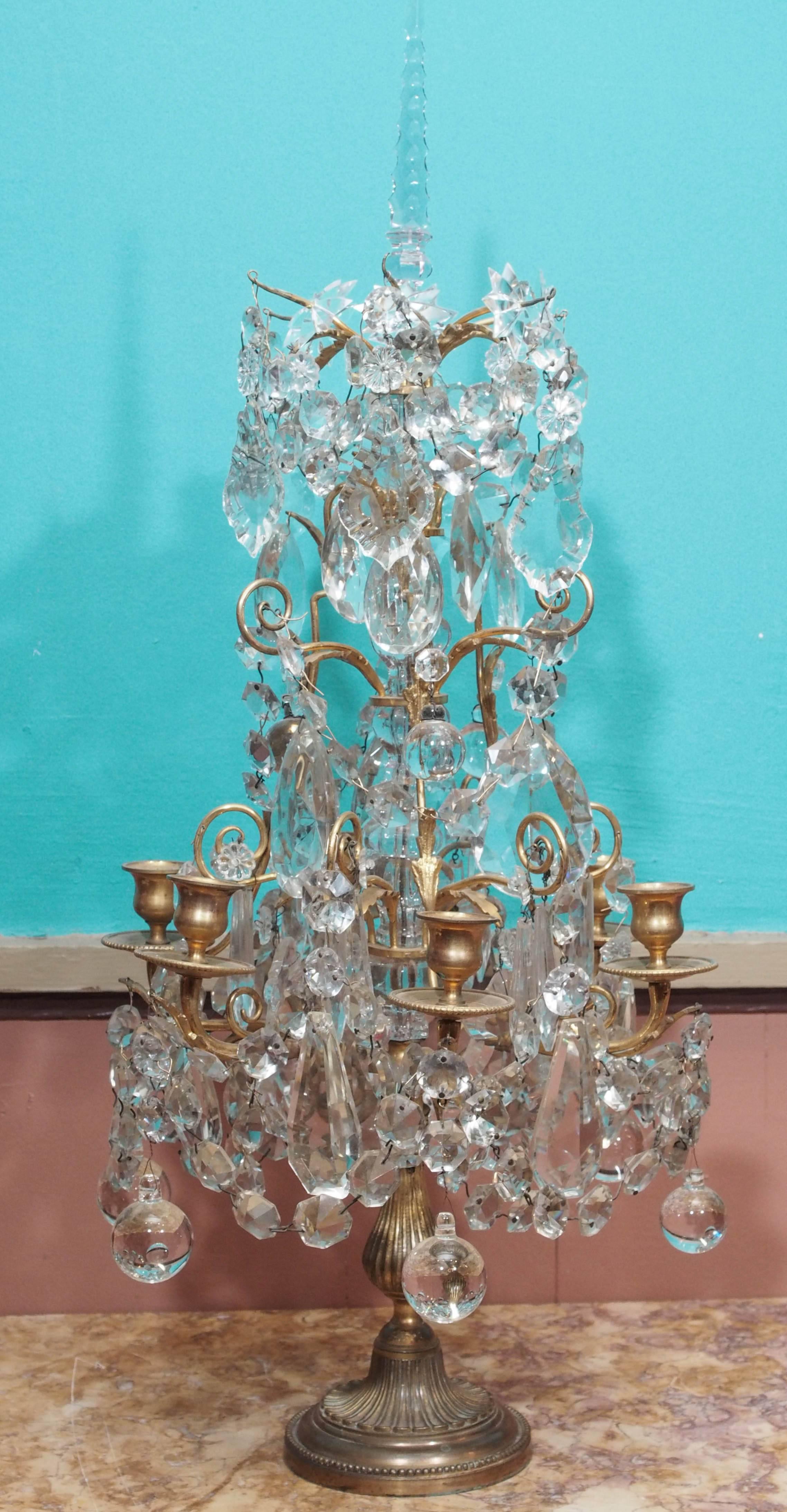 Pair of mid-19th century French brass and crystal 