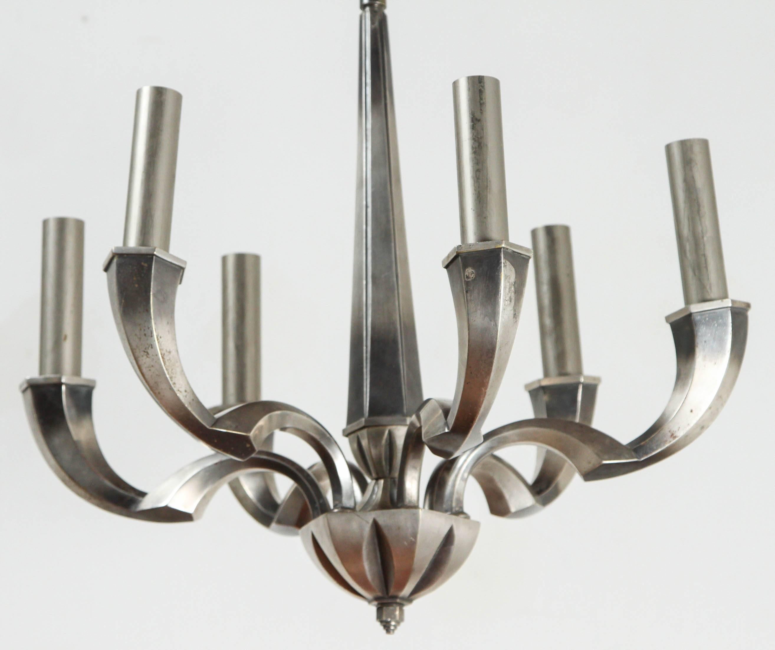 Silver Plated French Art Deco Chandelier In Excellent Condition For Sale In Los Angeles, CA