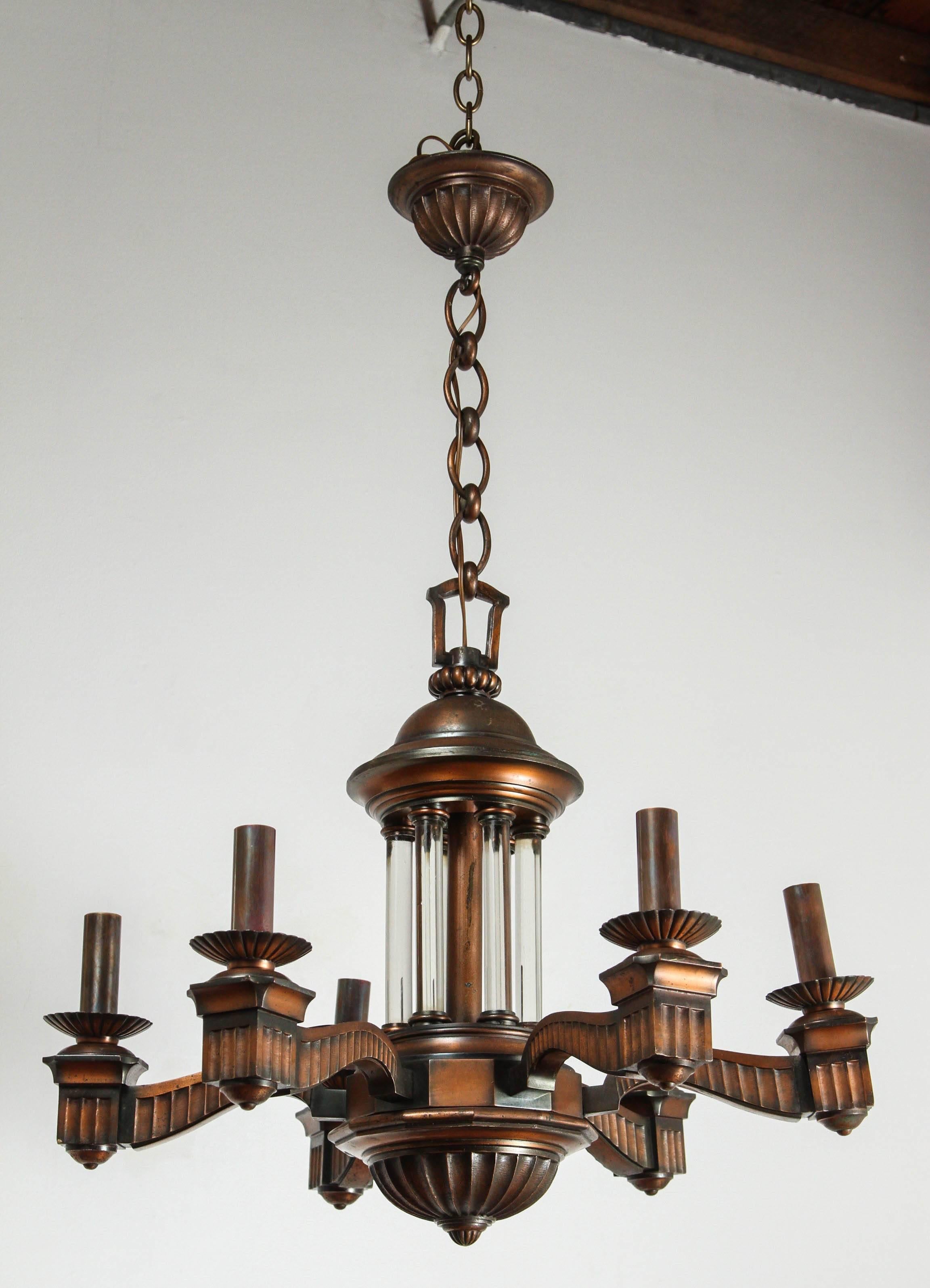 Bronze and glass neoclassical chandelier newly rewired for six standard bulbs.