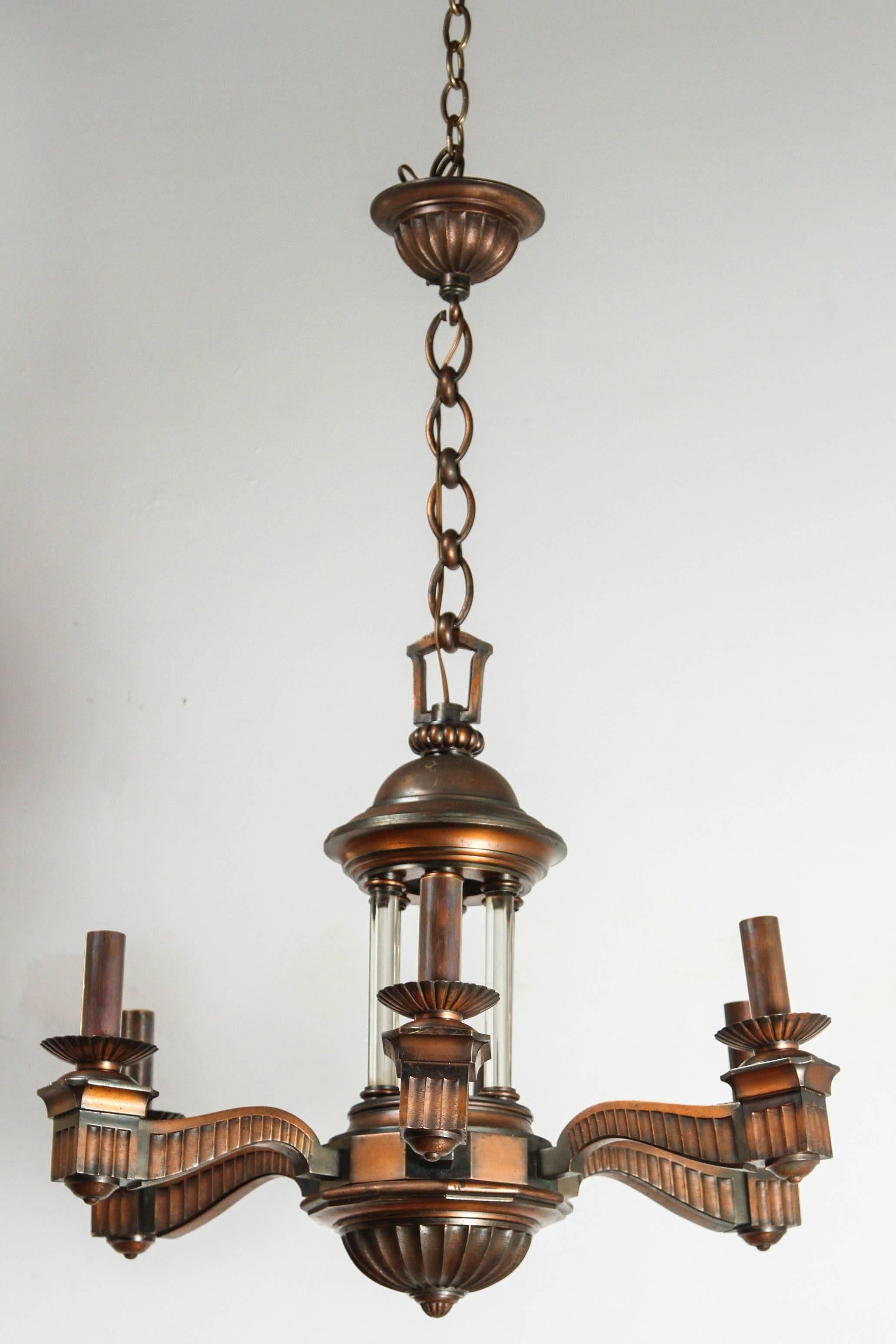 American Bronze and Glass Neoclassical Chandelier In Excellent Condition For Sale In Los Angeles, CA