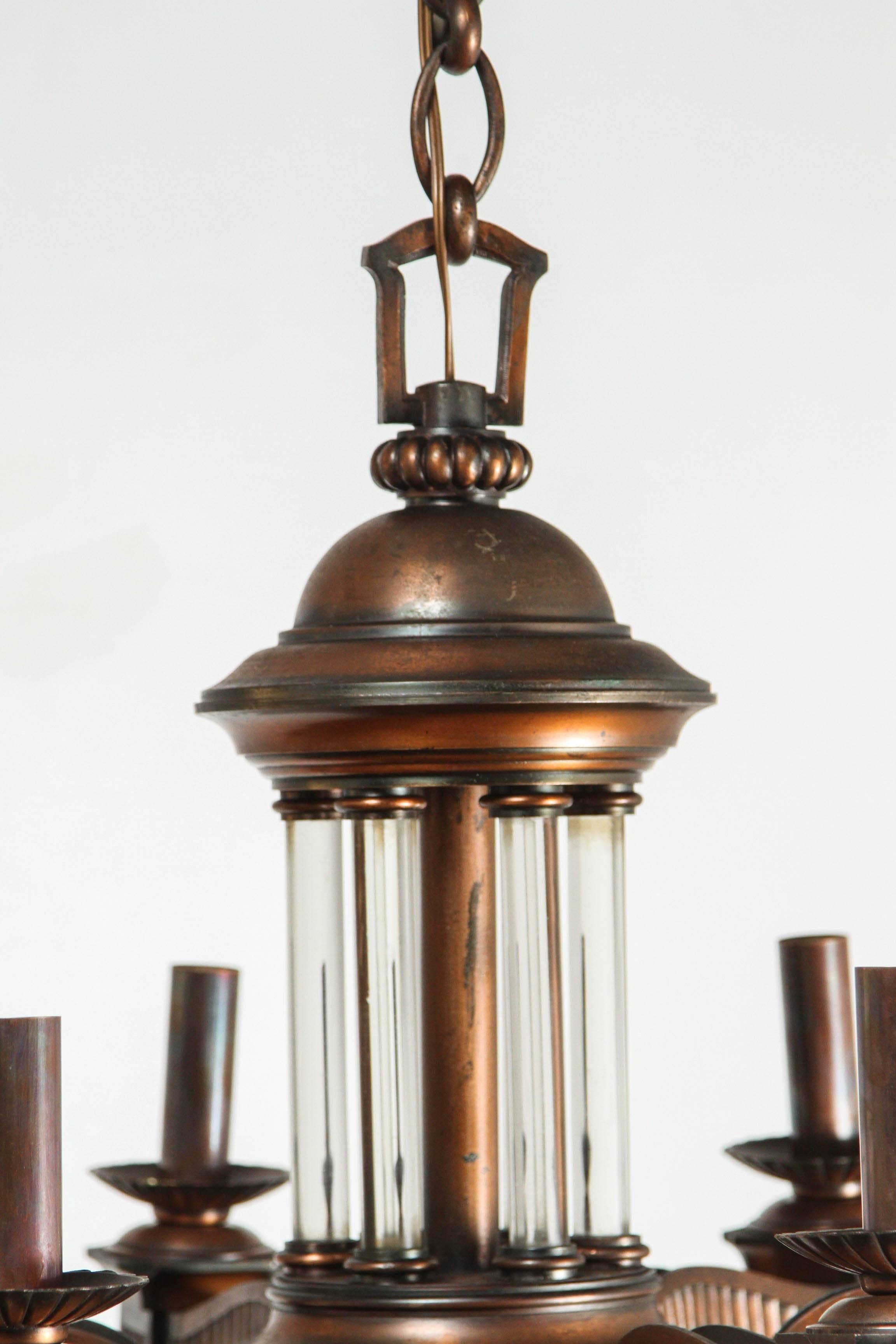 Early 20th Century American Bronze and Glass Neoclassical Chandelier For Sale