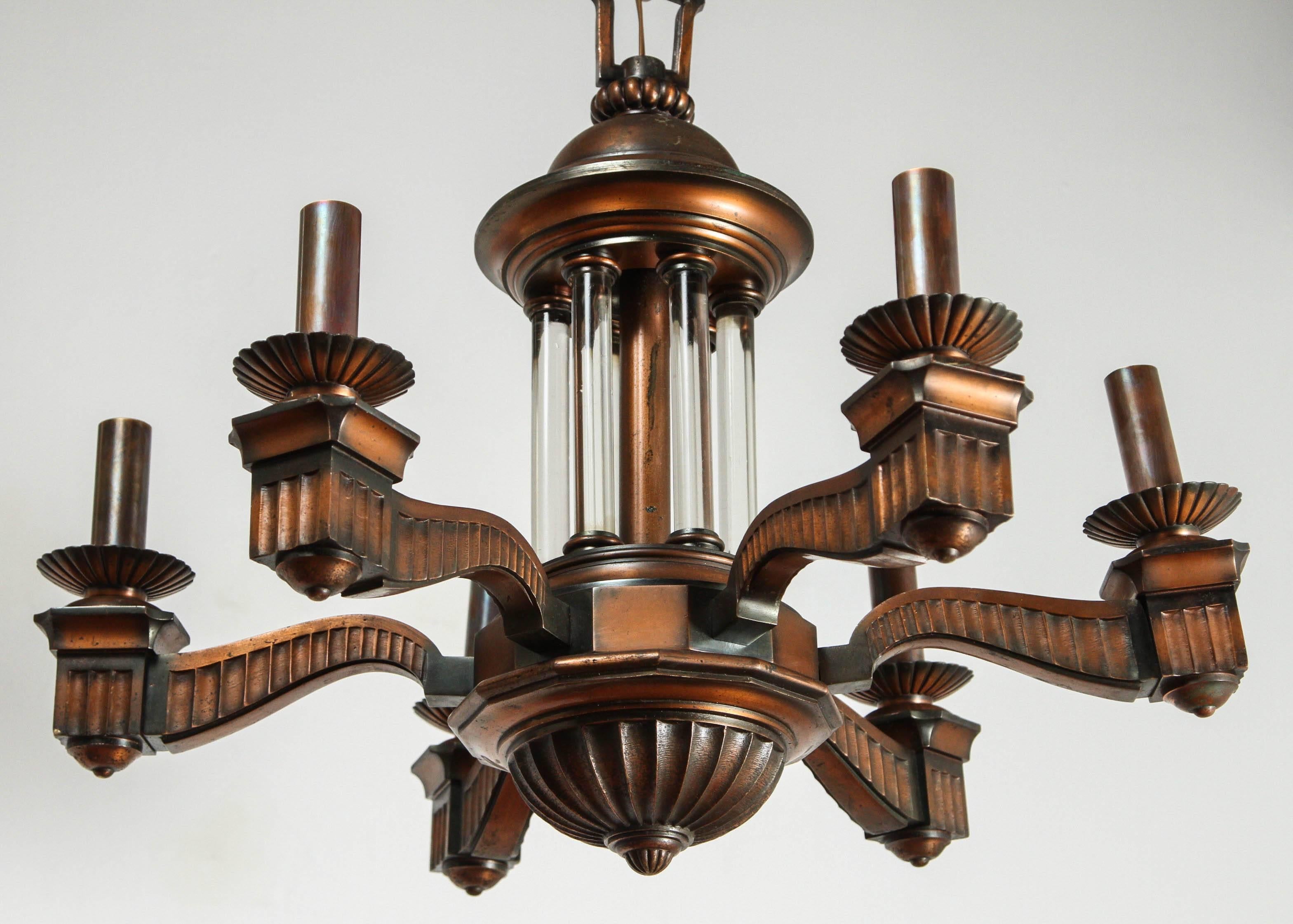American Bronze and Glass Neoclassical Chandelier For Sale 3
