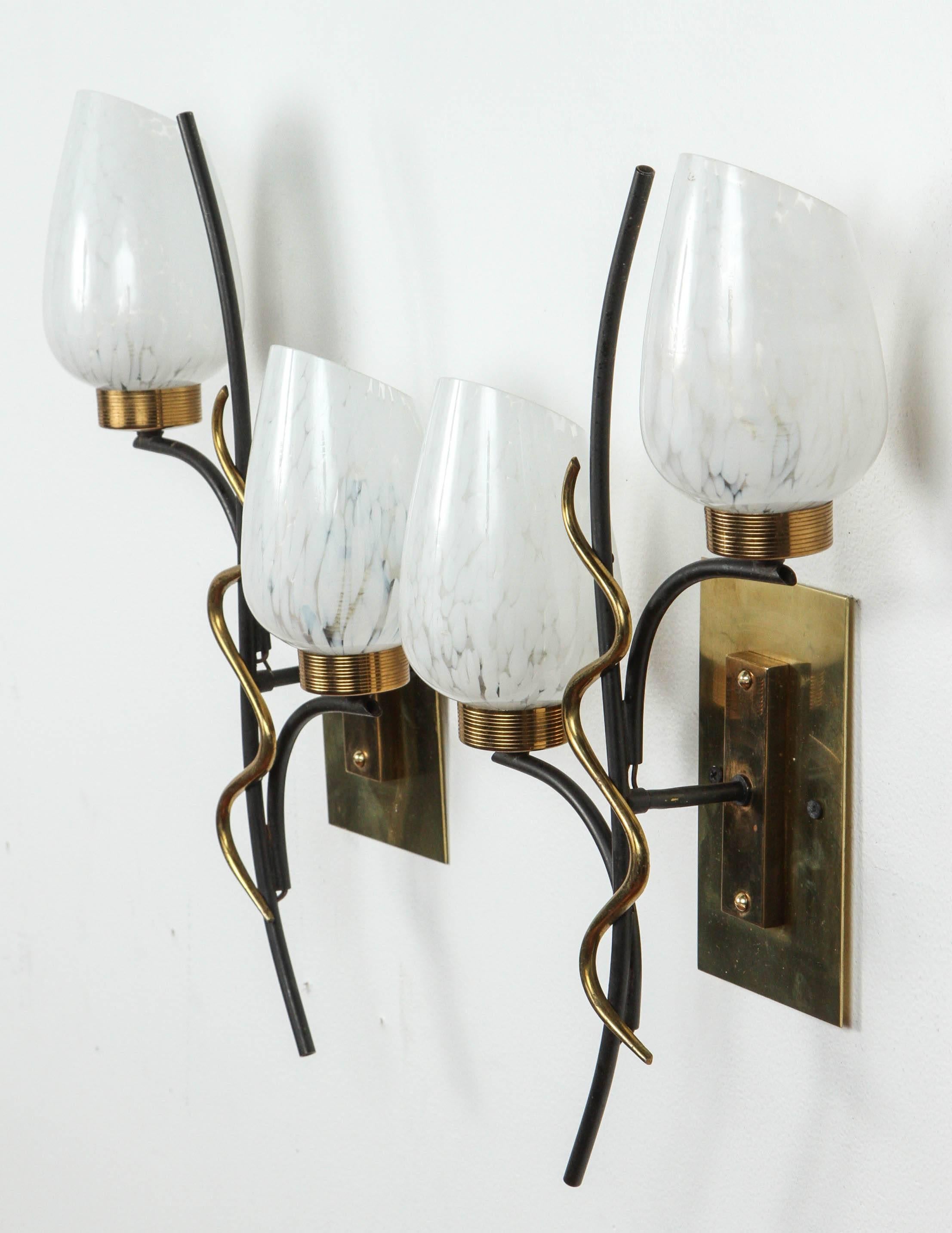 Pair of Mid-Century French Double Sconces For Sale 5