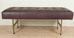 1960s Tufted Leather Bench with Brass Base