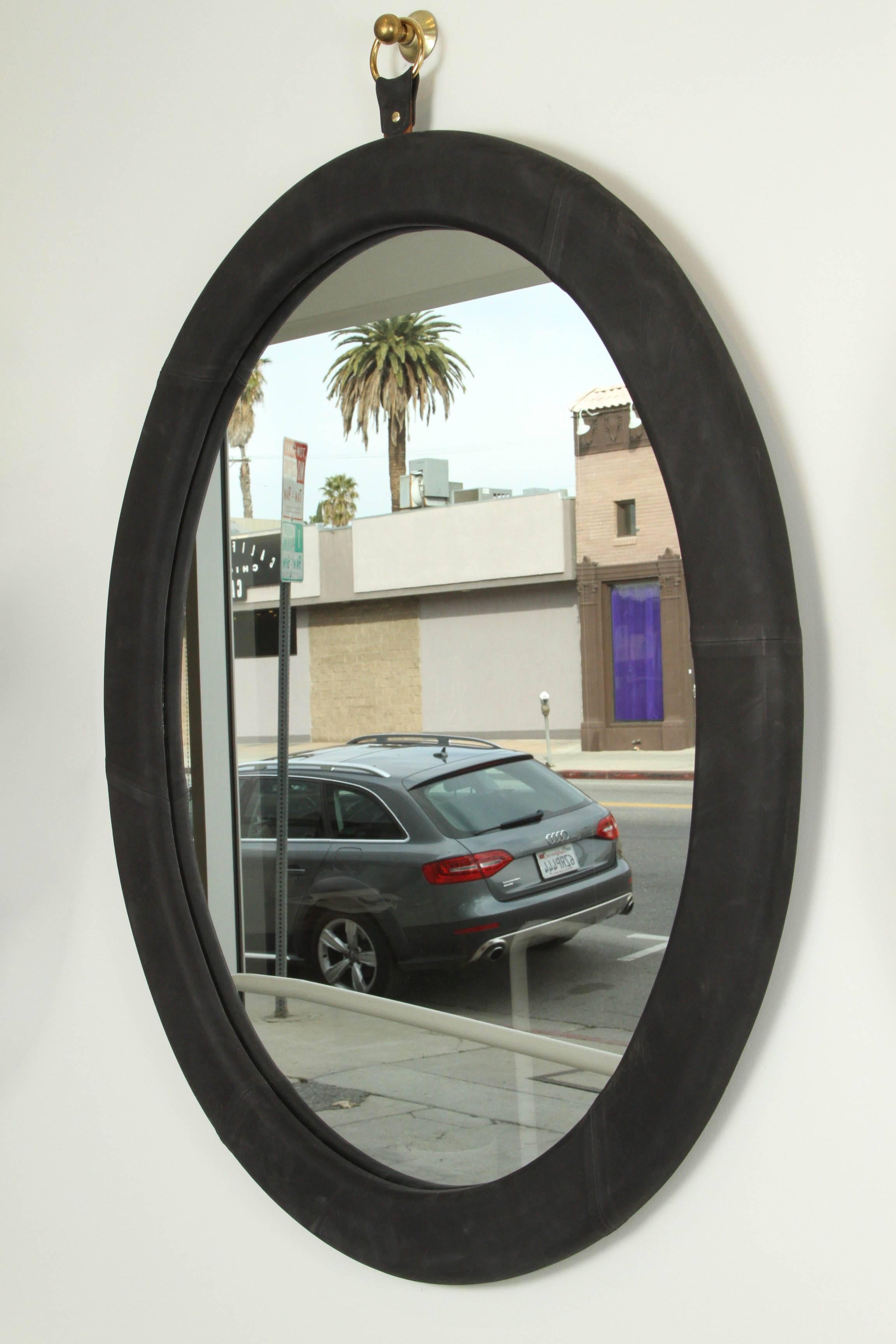 Leather Oval Mirror by Jason Koharik for Collected By In Excellent Condition In Los Angeles, CA