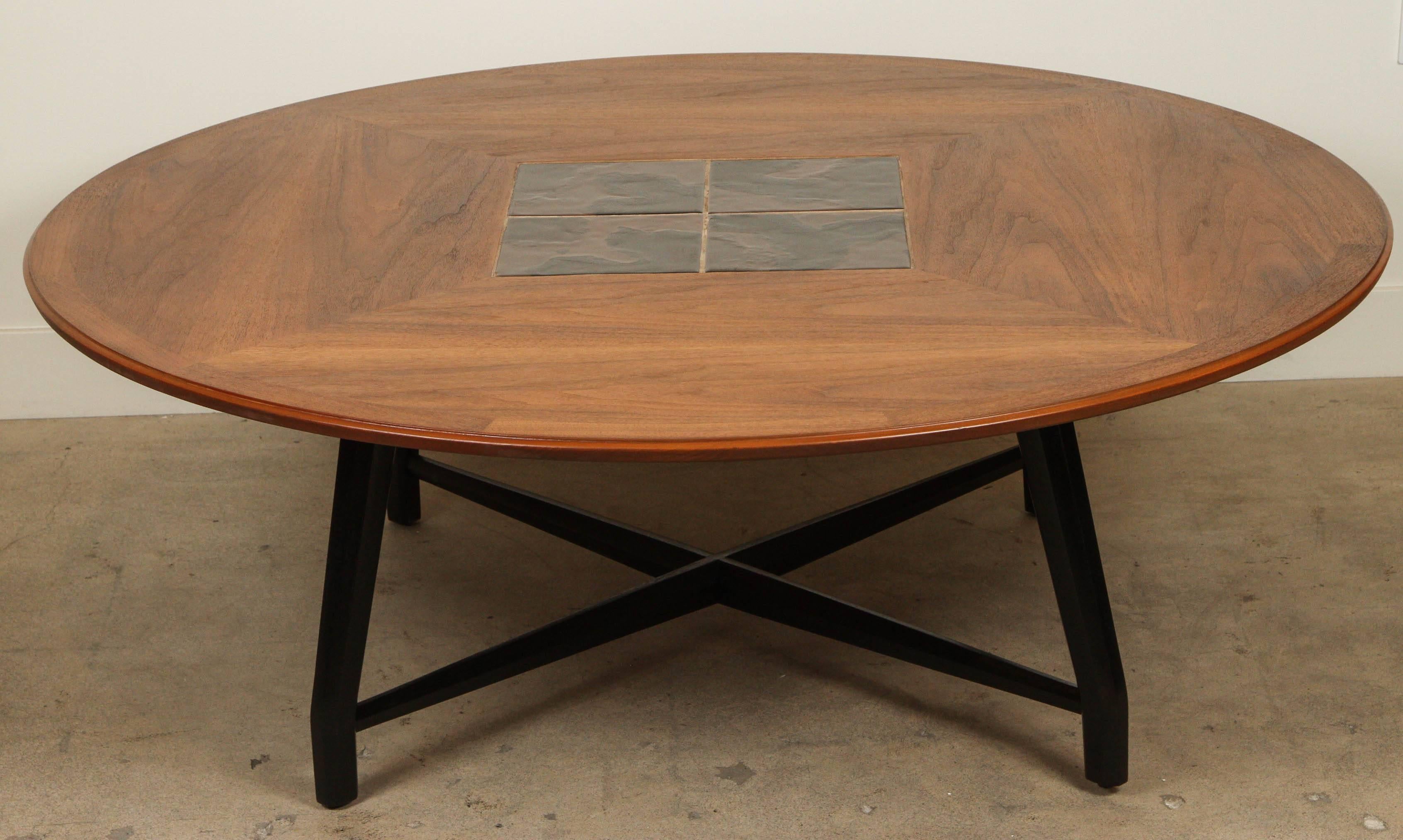 Tile and walnut coffee table attributed to Edward Wormley for Dunbar. Solid oak base. Unmarked.