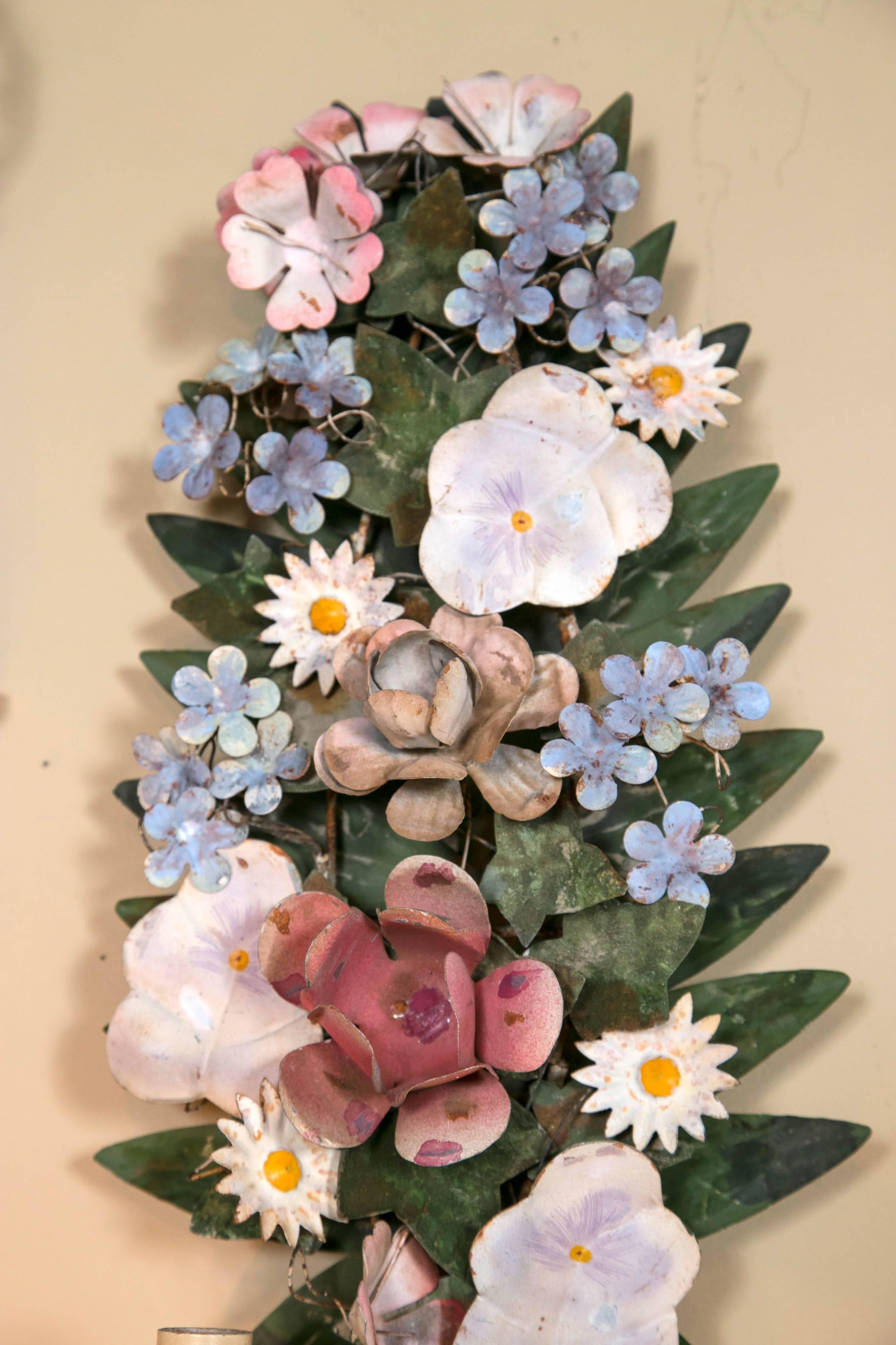 Italian Tole Flower Wall Sconces In Excellent Condition In Stamford, CT