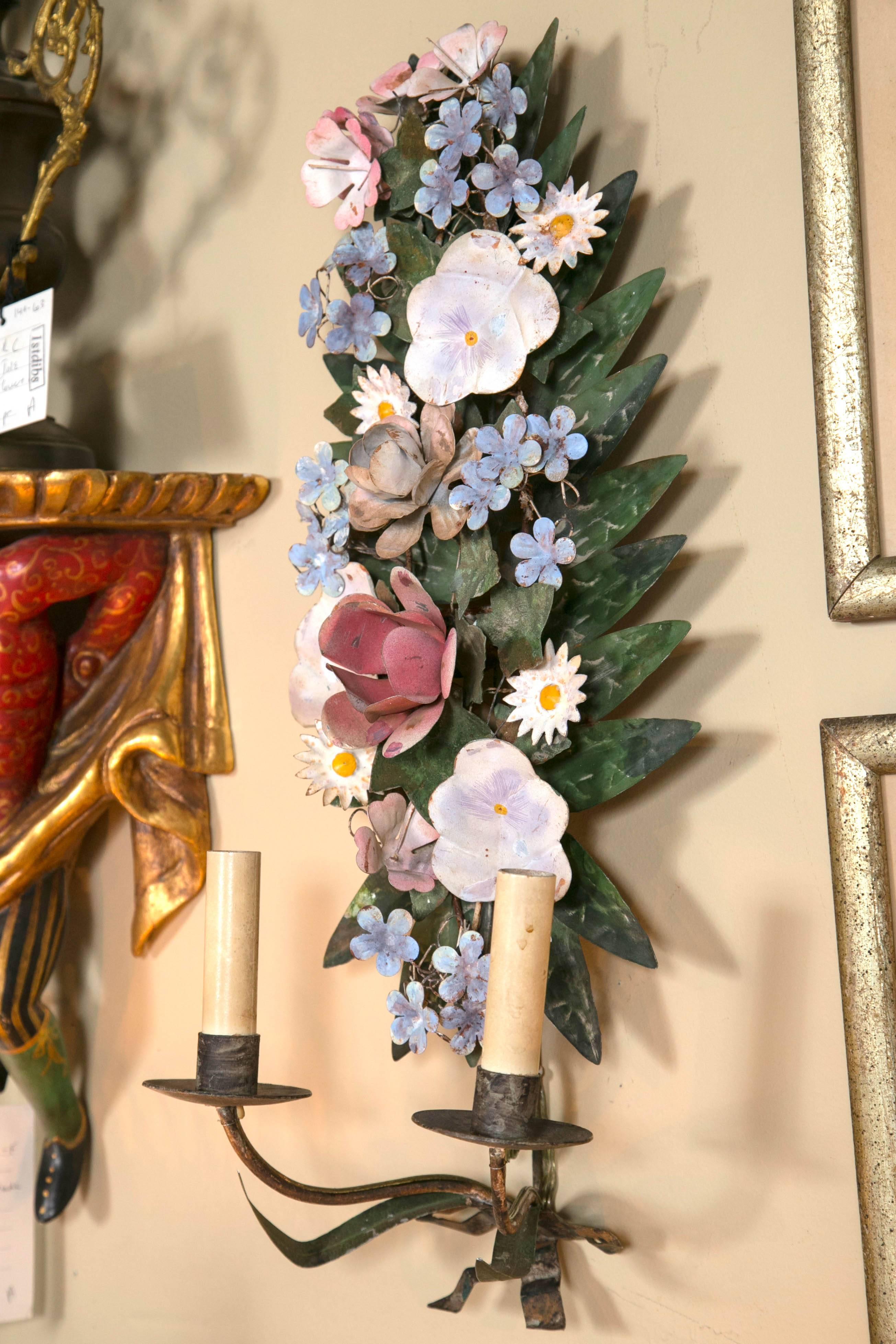 Late 19th Century Italian Tole Flower Wall Sconces