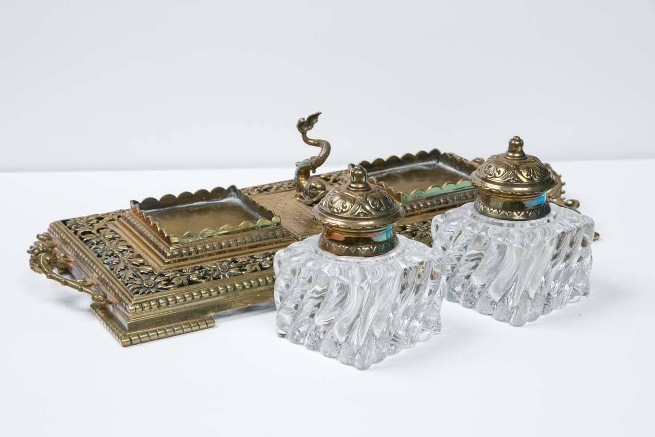 19th Century Crystal Inkwells in Brass Tray with Sturgeon Stamp Holder In Excellent Condition In Stamford, CT