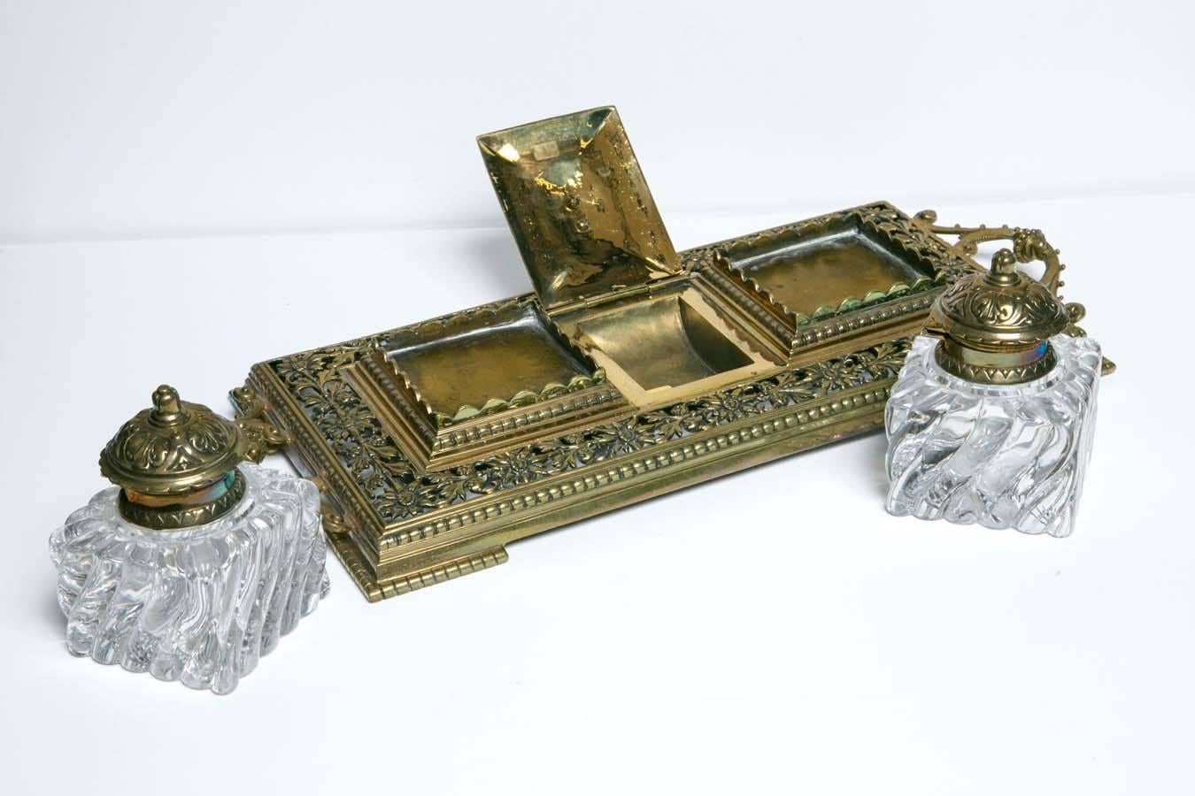 Late 19th Century 19th Century Crystal Inkwells in Brass Tray with Sturgeon Stamp Holder