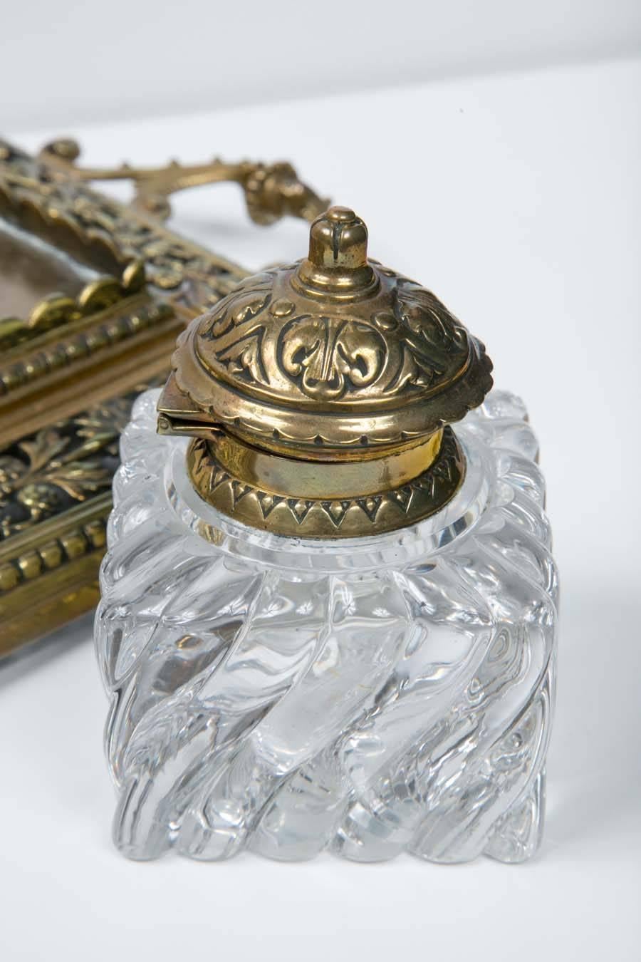 19th Century Crystal Inkwells in Brass Tray with Sturgeon Stamp Holder 2