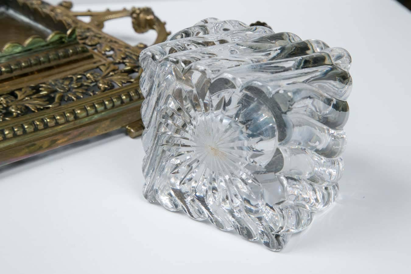 19th Century Crystal Inkwells in Brass Tray with Sturgeon Stamp Holder 4