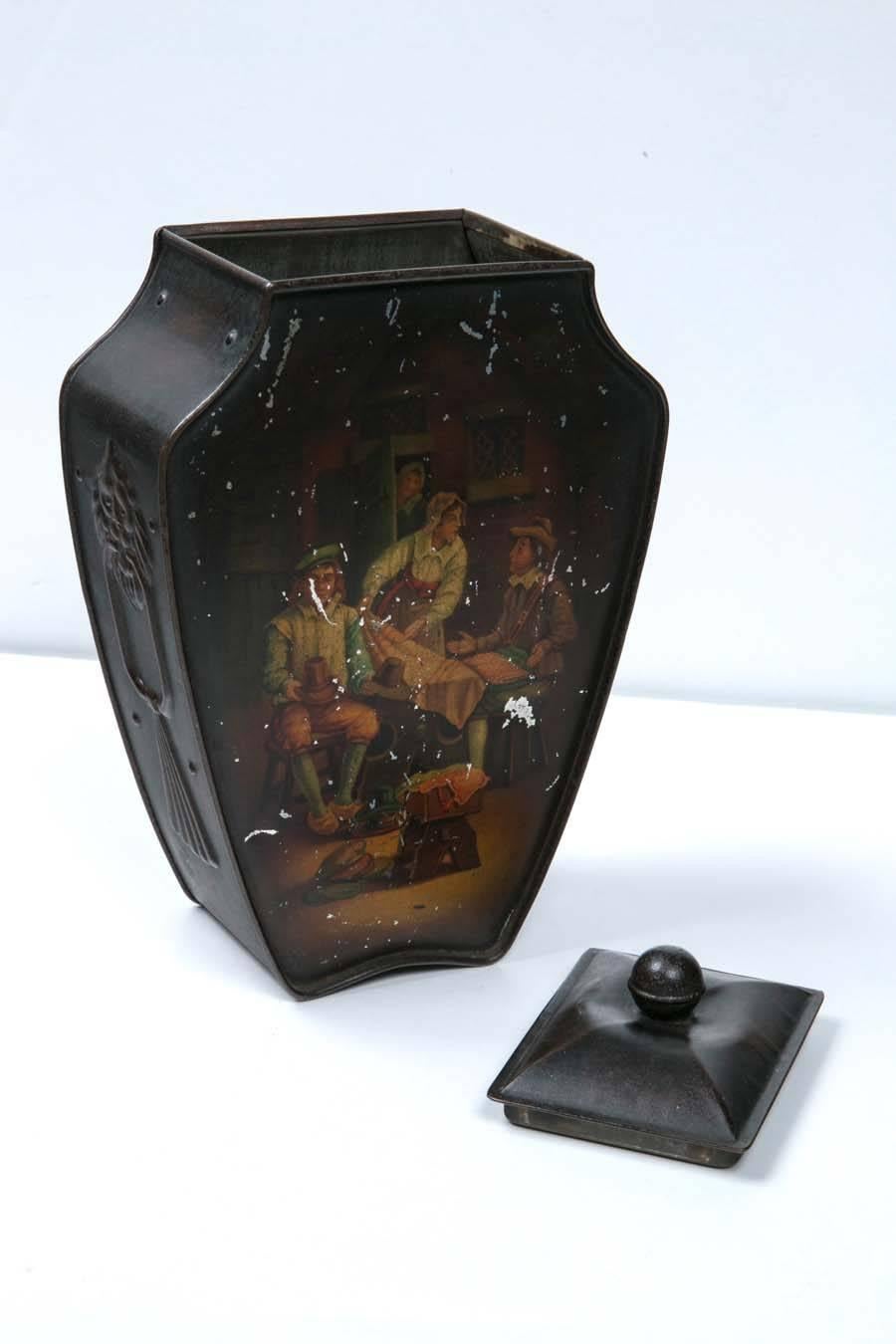 This English biscuit box is circa 1909 by Huntley Palme. Flemish vase with decorative, colorful hand-painted front.