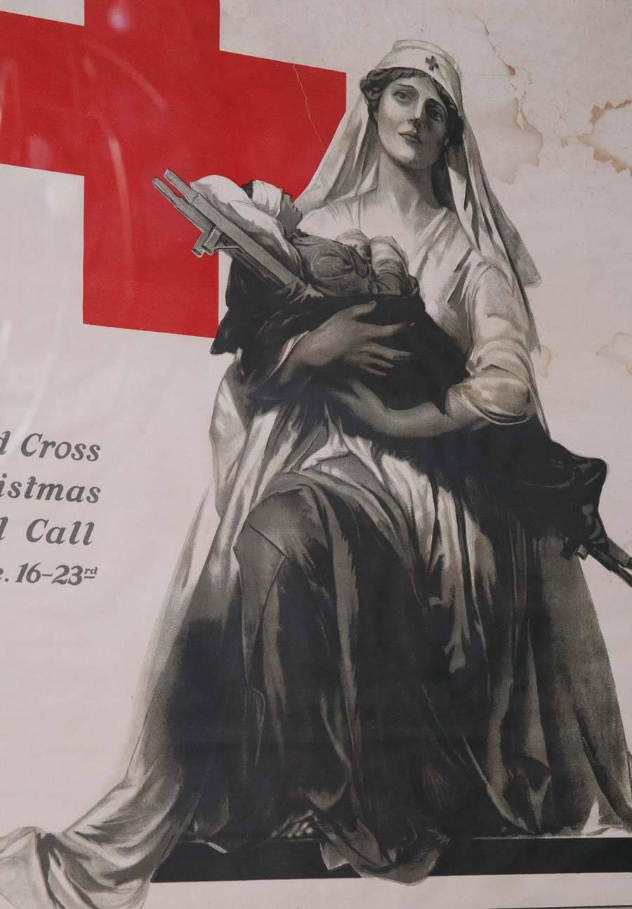 Featuring a Red Cross nurse holding an injured soldier, the poster by Alonzo E. Foringer strikingly similar to Michelangelo’s sculpture of Mary holding Jesus. The poster helped encourage more than 16 million Americans to join the Red Cross during a