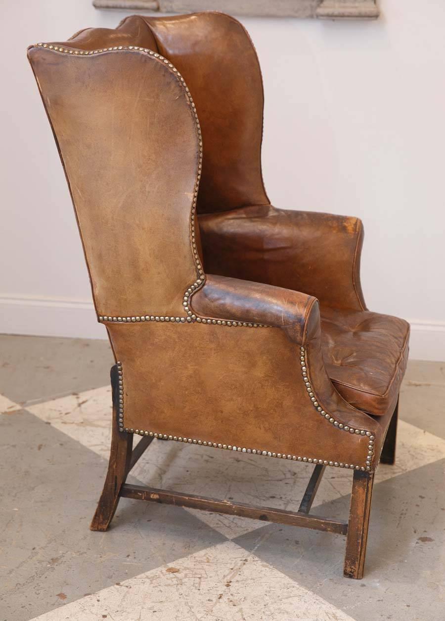 French Leather Wingback Chair from the 1920s In Good Condition In Houston, TX