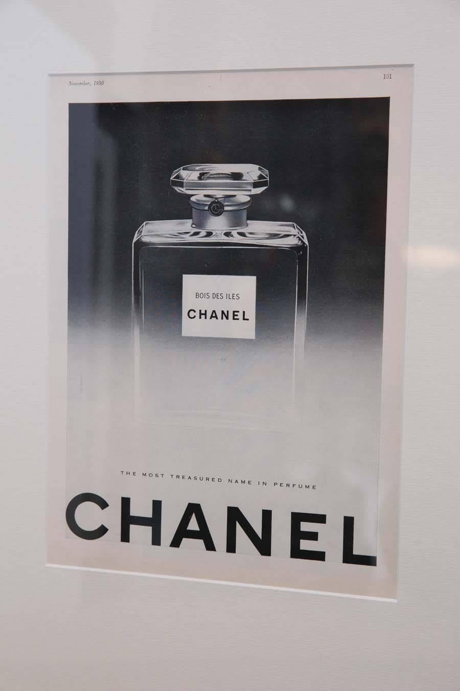 Few things conjure images of luxury in the beautiful and famed city of Paris than that of Coco Chanel and her iconic brand. An original Chanel perfume ad from 1950 and matted and framed in a burnished gold wood.

Measures approximately 22.5
