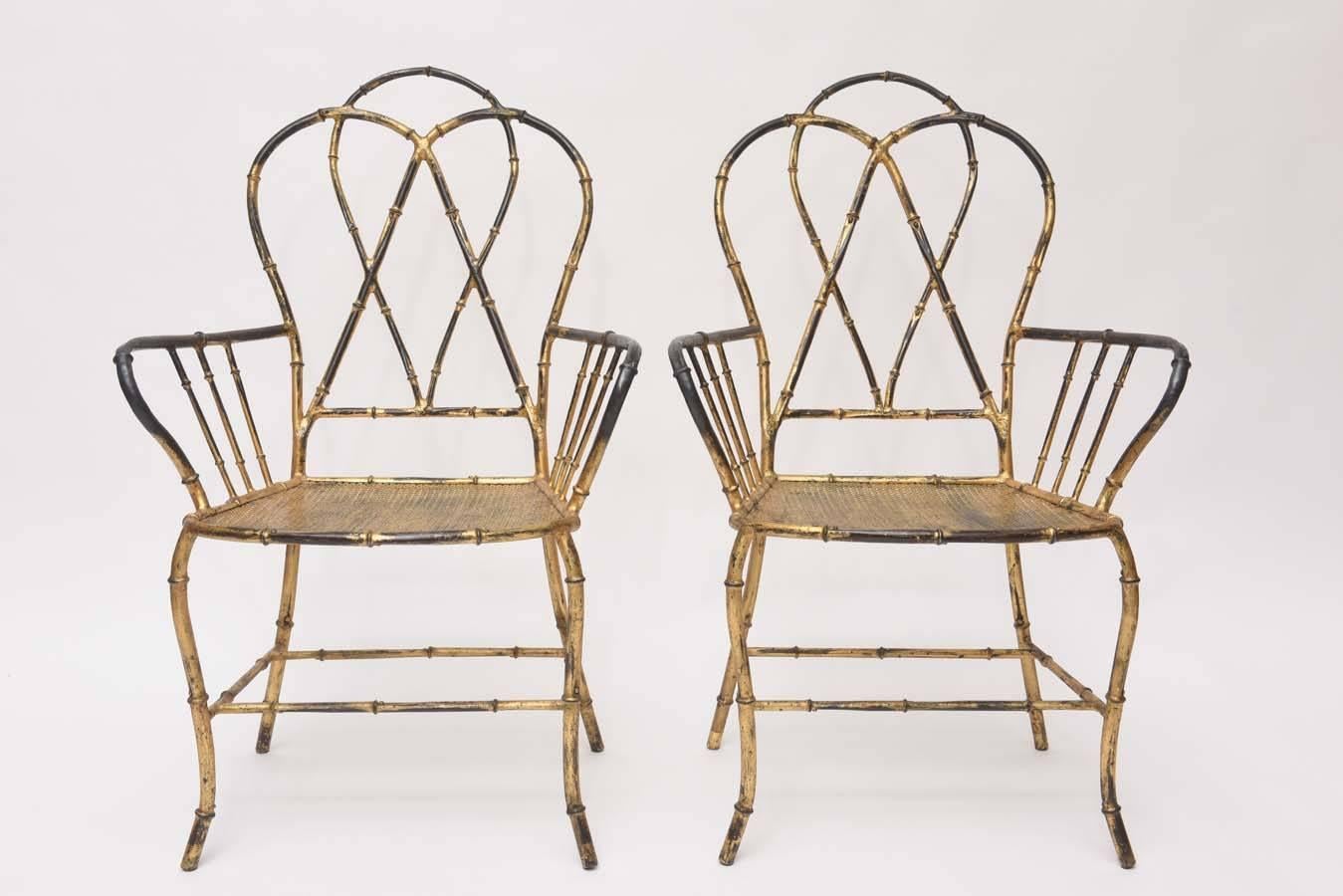 Charming pair of Italian gilt metal faux bamboo chairs, beautifully distressed to perfection!